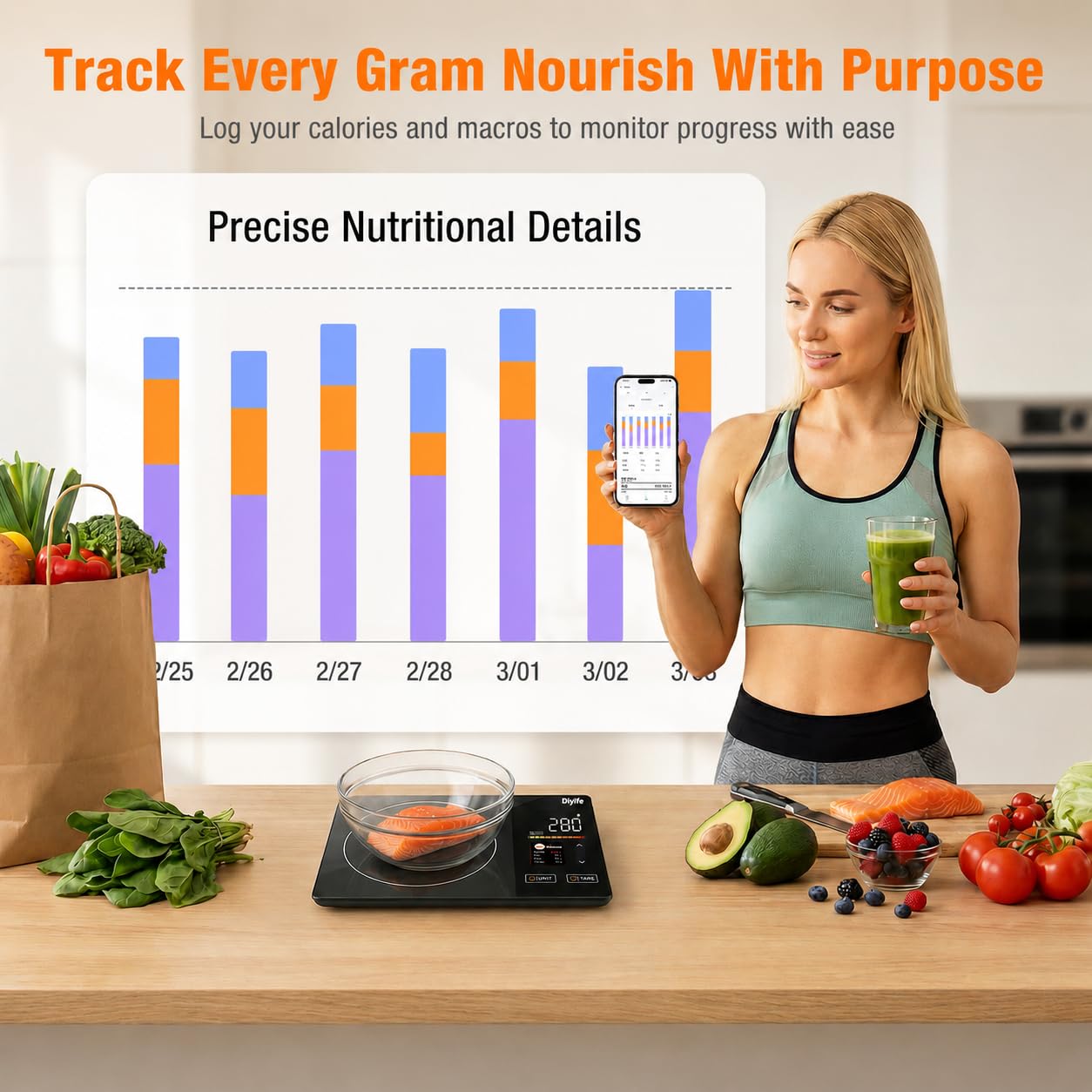 Smart Food Scale with Nutritional Calculator, [TFT Colorful Display] 5kg Nutrition Scale with App, 25 Nutrients Tracking, Calorie, Macro, Keto, Weight Loss, Tare, 5 Units for Meal Prep & Baking