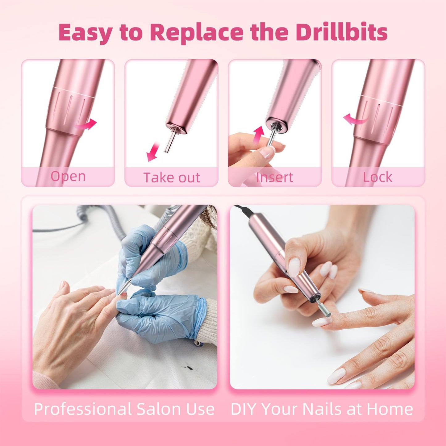 KNASNPI Professional Electric Nail Drill 50000 RPM High Speed with Smart Adjustment, Nail Salon & Home Use Kit, 6 Grinding Heads & Extended Runtime
