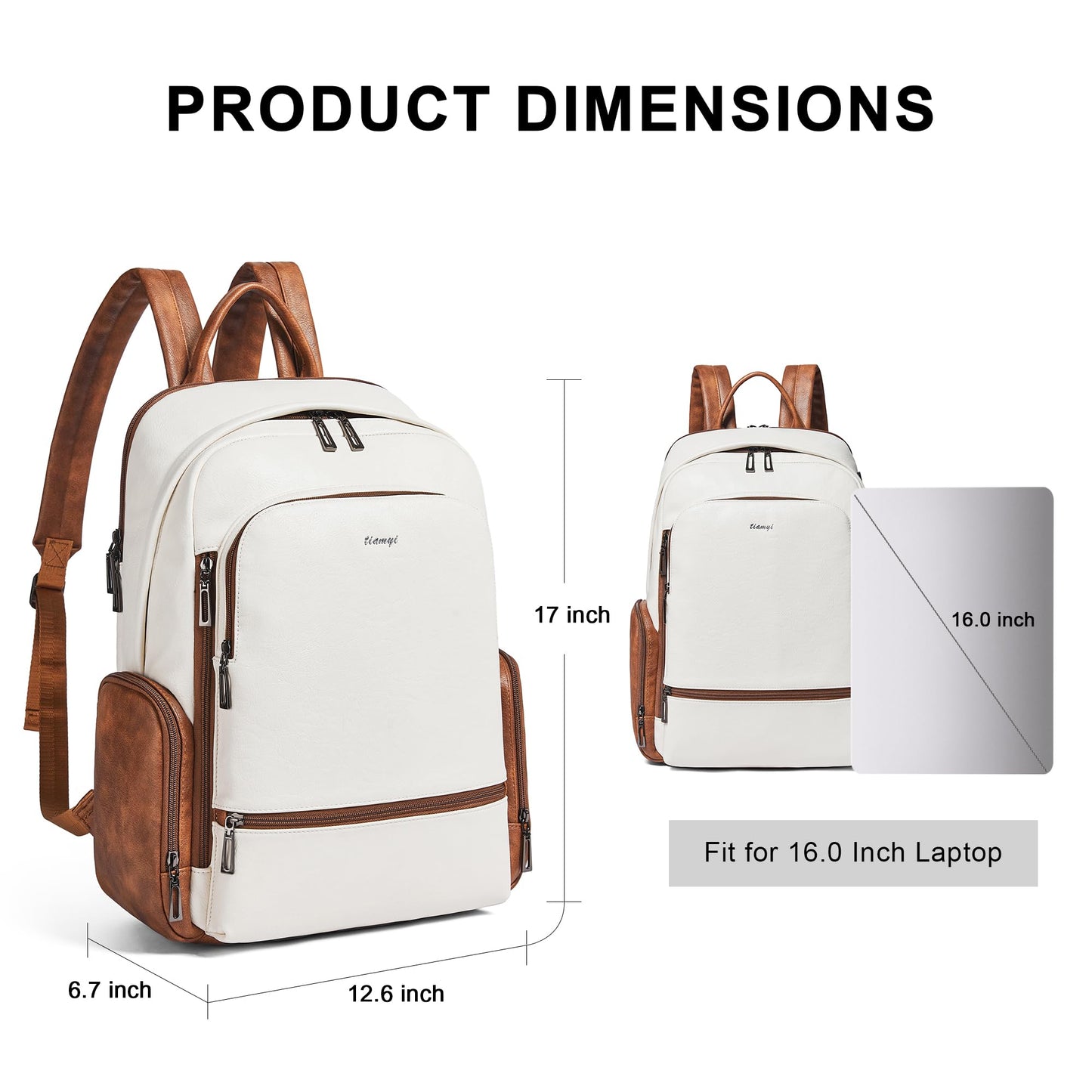 TIAMYI Computer Backpack for Women Soft Vegan Leather Back pack with 16.0 inch Laptop Compartment, Designer Ladies Travel Backpack, Beige