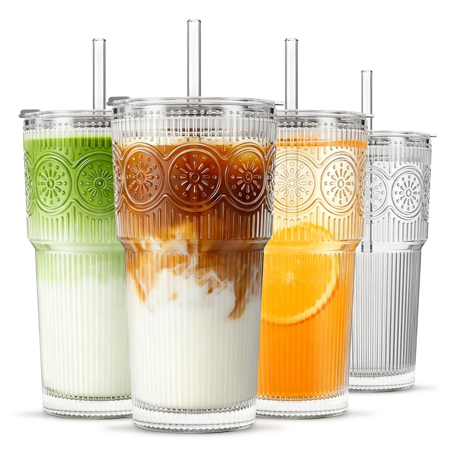 INSETLAN 20oz Ribbed & Floral Glass Tumblers with Lids and Glass Straws, Set of 4 – Iced Coffee Cups, Reusable Drinking Glasses for Water, Smoothies, Tea, and Juice – Perfect for Travel & Daily Use