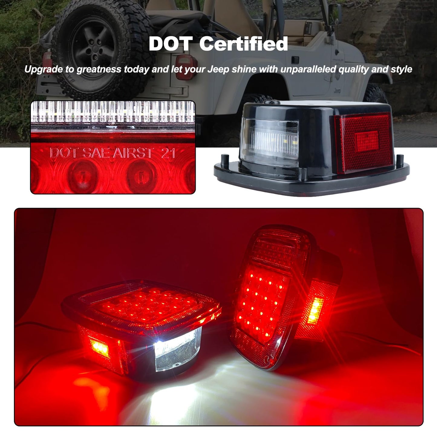 Replacement for 1979-2006 Wrangler TJ YJ CJ5 CJ7 Red Square Rear Combination Tail Lamps with Passenger and Driver Side Marker Stop Turn Signal Brake Lights DOT Certified, 2Pcs