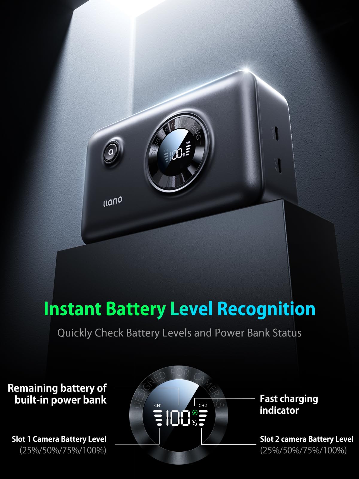 llano 2-in-1 NP-W126S Dual Fast Camera Battery Charger with Built-in 12400mAh Power Bank, PD 20W USB-C Charging, Compatible with Fujifilm NP-W126S NP-W126 X100VI X100V XT30II XT30 XS10 XT3 XT2 XT1