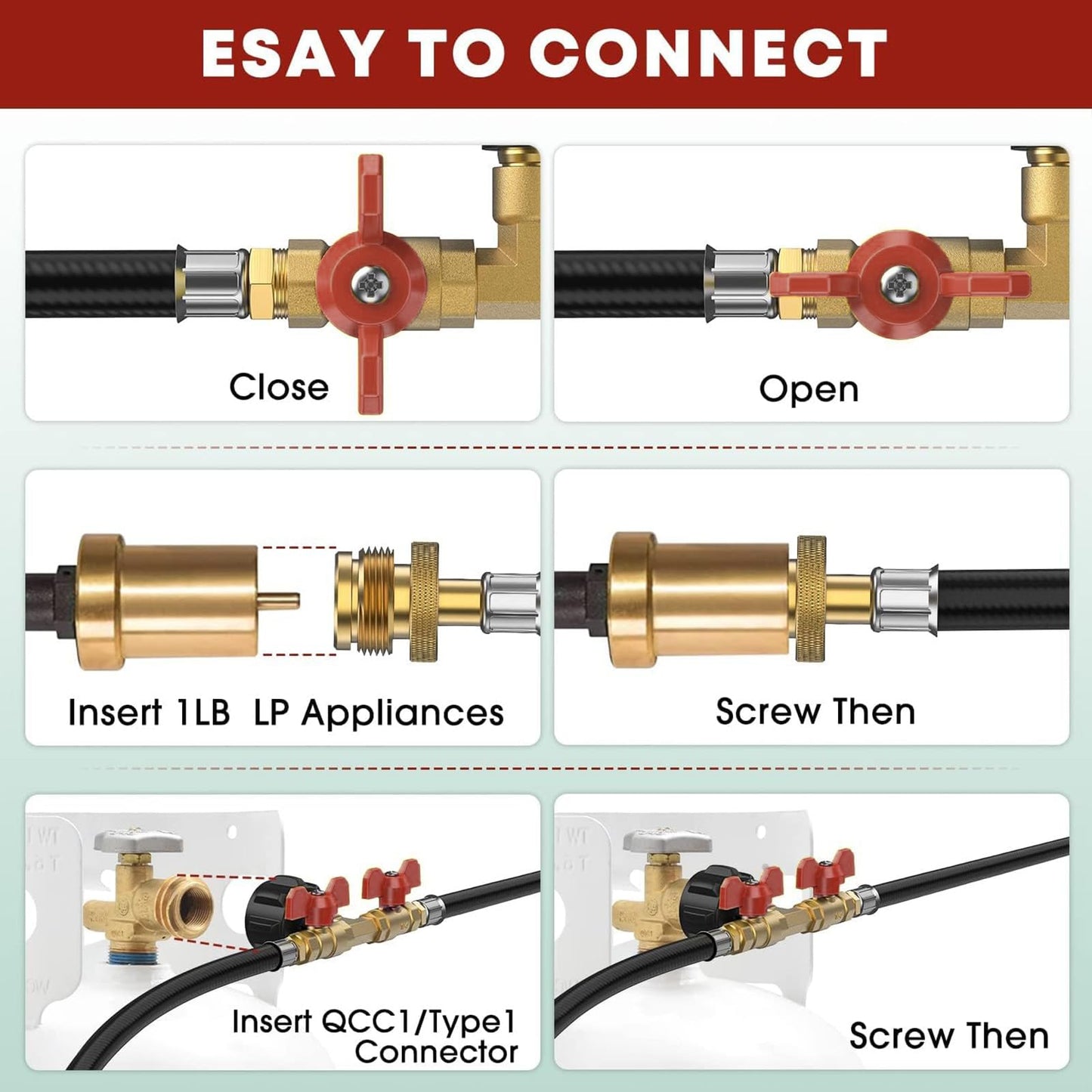 5FT Propane Hose 2 Way Y Splitter with Shut Off Valve, Propane Adapter 1lb Portable Appliance to QCC1/ Type1 5-40lb Tank, 350PSI for Heater, Camping Stove, Grill