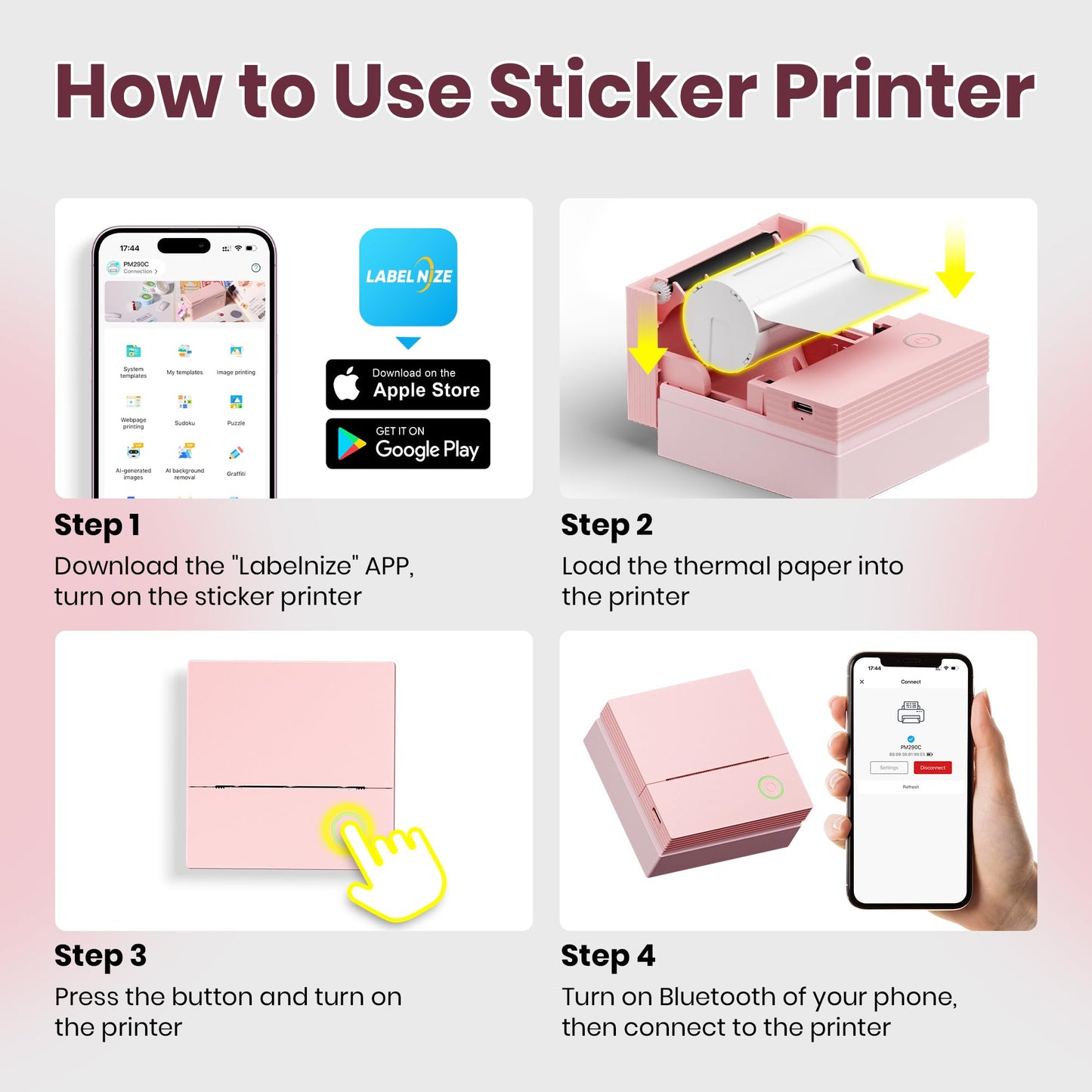 Sticker Printer PM290C Mini Printer Portable Print Pod, Wireless Bluetooth Sticker Maker with 3 Rolls Paper,Inkless Thermal Printer Photo Printer with Smart AI APP, Pictures, DIY, Journal, Pink
