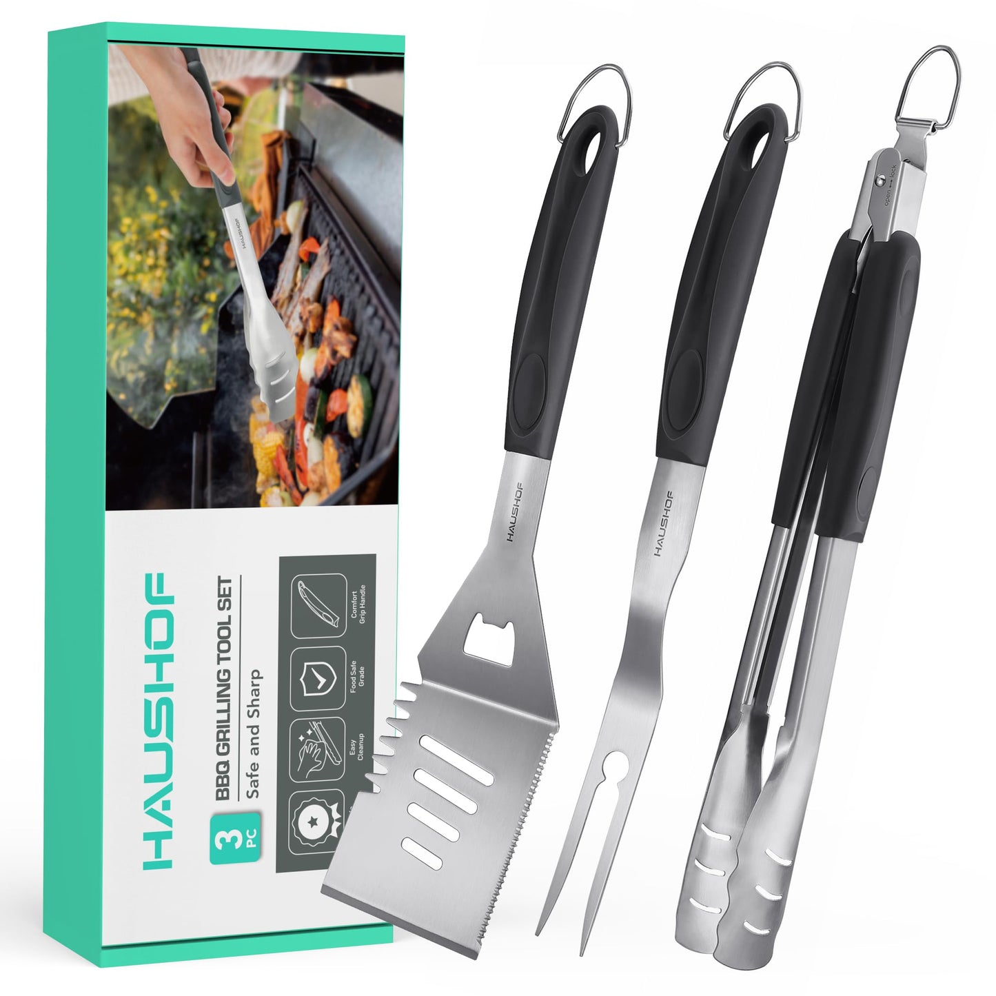 HAUSHOF Large Grill Accessories Heavy Duty BBQ Set Gifts for Men/Women - Premium Stainless Steel Spatula, Fork & Tongs (16.5/16/16.5 in.), Barbecue Utensils Tool Kit Gift for Grilling Lover Outdoor