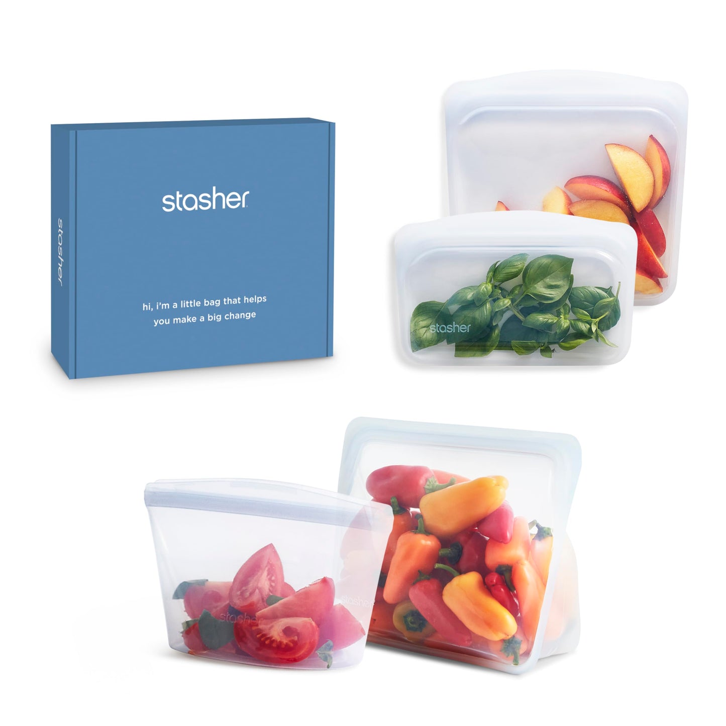 Stasher Silicone Reusable Food Storage Bags, 4-Pack Starter Kit, Reusable Freezer Bags, Microwave, Dishwasher, Oven Safe, Sous Vide, Premium Lunch Containers, Eco Friendly, Food-safe Silicone, Clear
