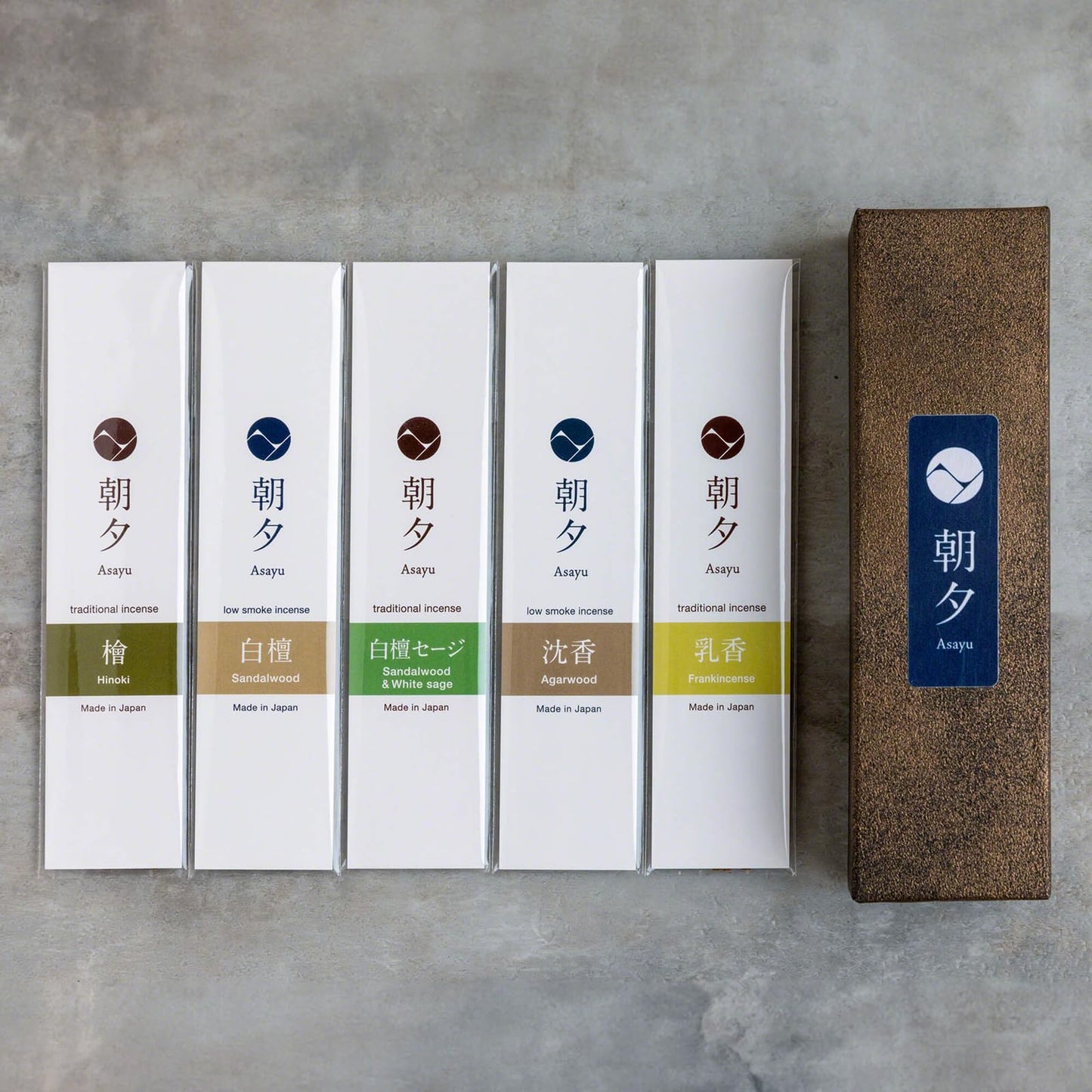 Asayu Japan 100% Natural Incense Sticks Assortment, 5 Scents (Sandalwood, Agarwood, Hinoki Cypress, White Sage, Frankincense), Made in Japan Incense Sampler Variety Pack - Natural Incense 5 scents