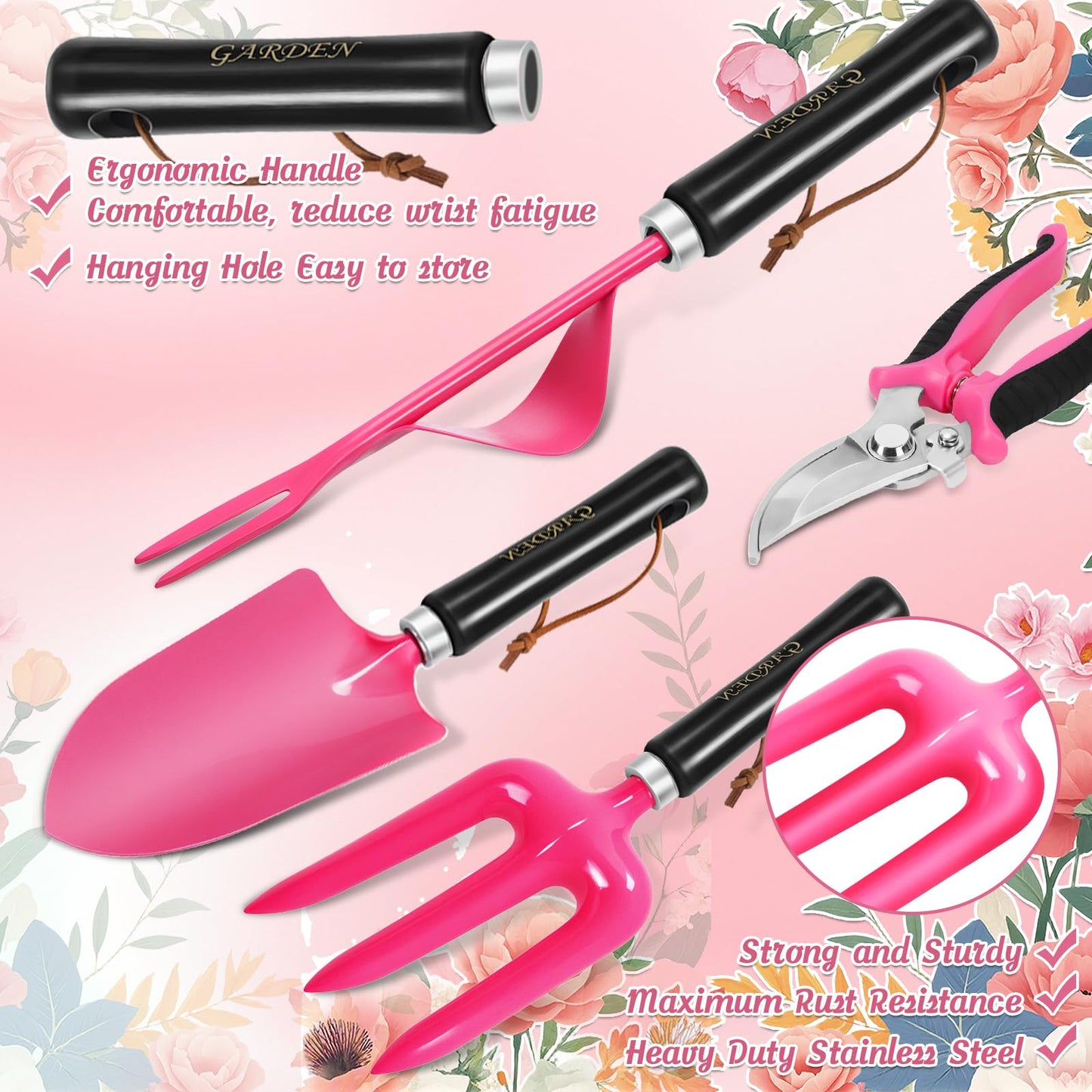 Gardening Tools 9-Piece Heavy Duty Gardening Hand Tools Set (Pink),Stainless Steels and Reinforced Garden Supplies Kit, Durable Garden Organizer Handbag,Ideal Gardening Gifts for Women