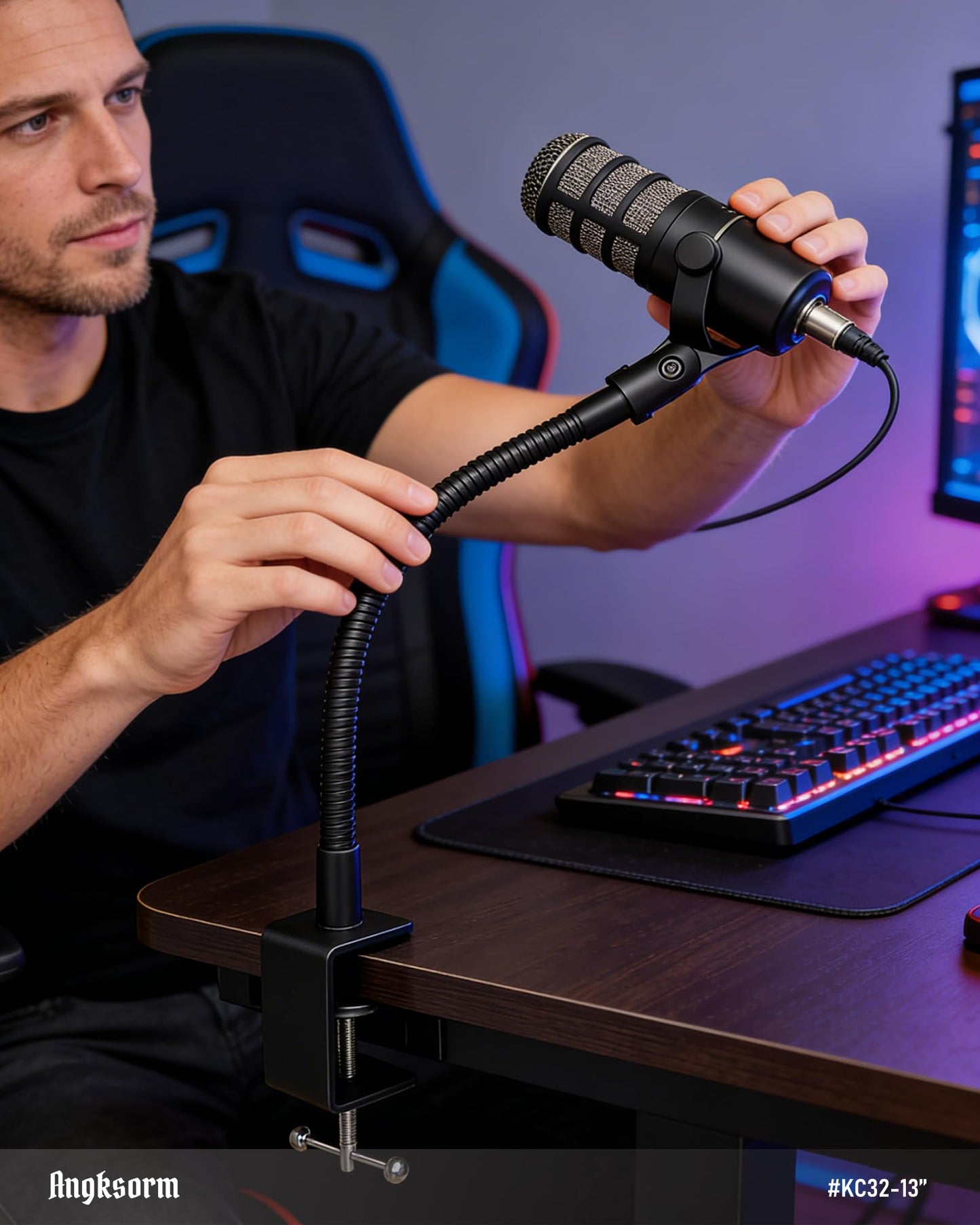 13-INCH Gooseneck Mic Stand, Clip on Gooseneck Desktop Microphone Stand Holder with Heavy Duty C-Clamp Mount for Podium, Lectern, Voice-Over, Gaming, Recording, Studio, Cameras, Smartphones, Lights