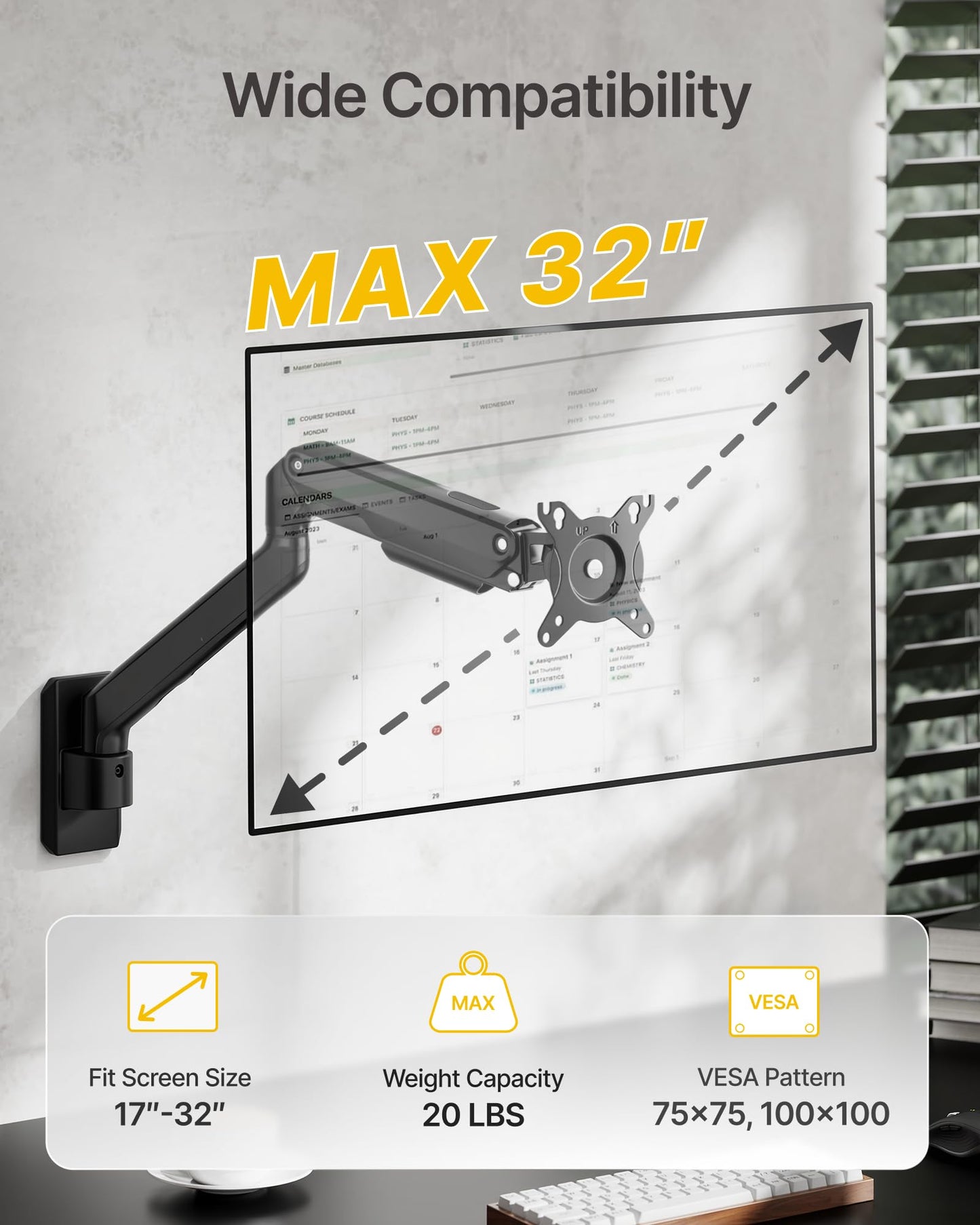 monTEK Single Monitor Wall Mount, Heavy-Duty Adjustable Mount for 17″–32″,Full Motions Arm Mechanical Spring Holds Up to 20lbs, VESA 75x75/100x100,Black