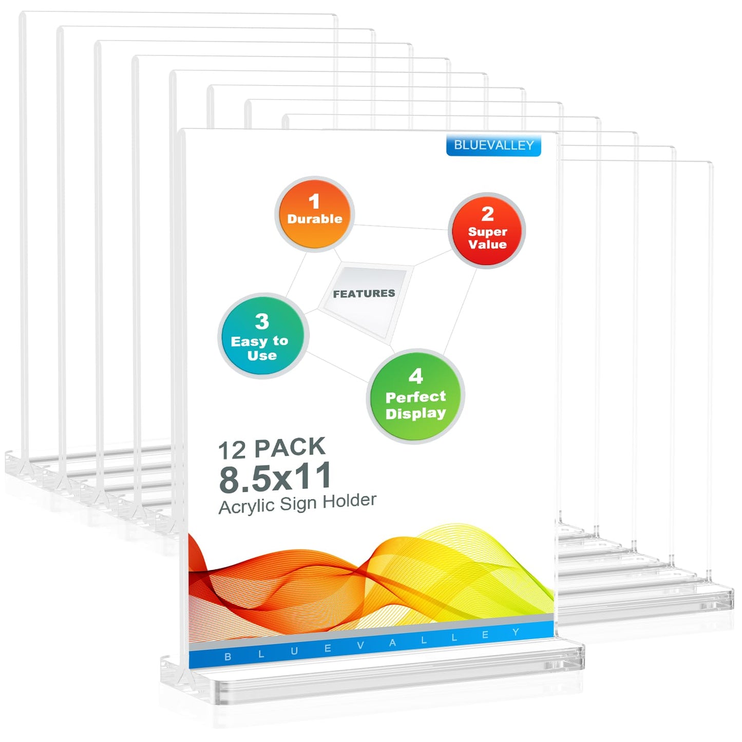 BlueValley Acrylic Sign Holder 8.5x11 Vertical - 12 Pack Double Sided Clear Plastic Table top Paper Display Stand for Menu, Flyer, Document, Poster - Standing Sign Holder for Office, Retail, Catering