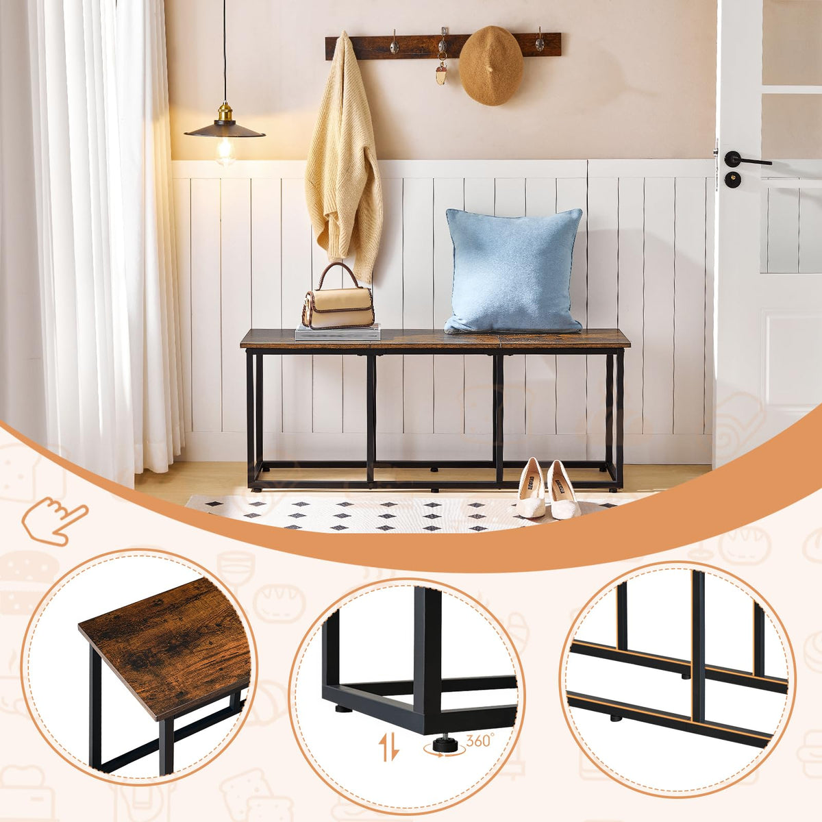 HOOBRO Dining Bench, 120 cm Dining Table Bench, Industrial Style Kitchen Bench, Steel Frame, Easy to Assemble, for Kitchen, Dining Room, Rustic Brown and Black BF45CD01