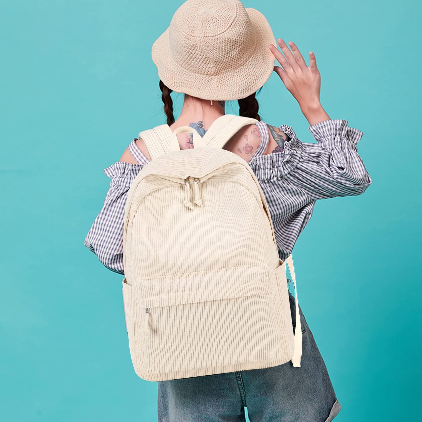 School Backpack for Teens Large Corduroy Bookbag Lightweight Girls Boys Casual High School College Backpacks, Beige, 17 inch, Classic