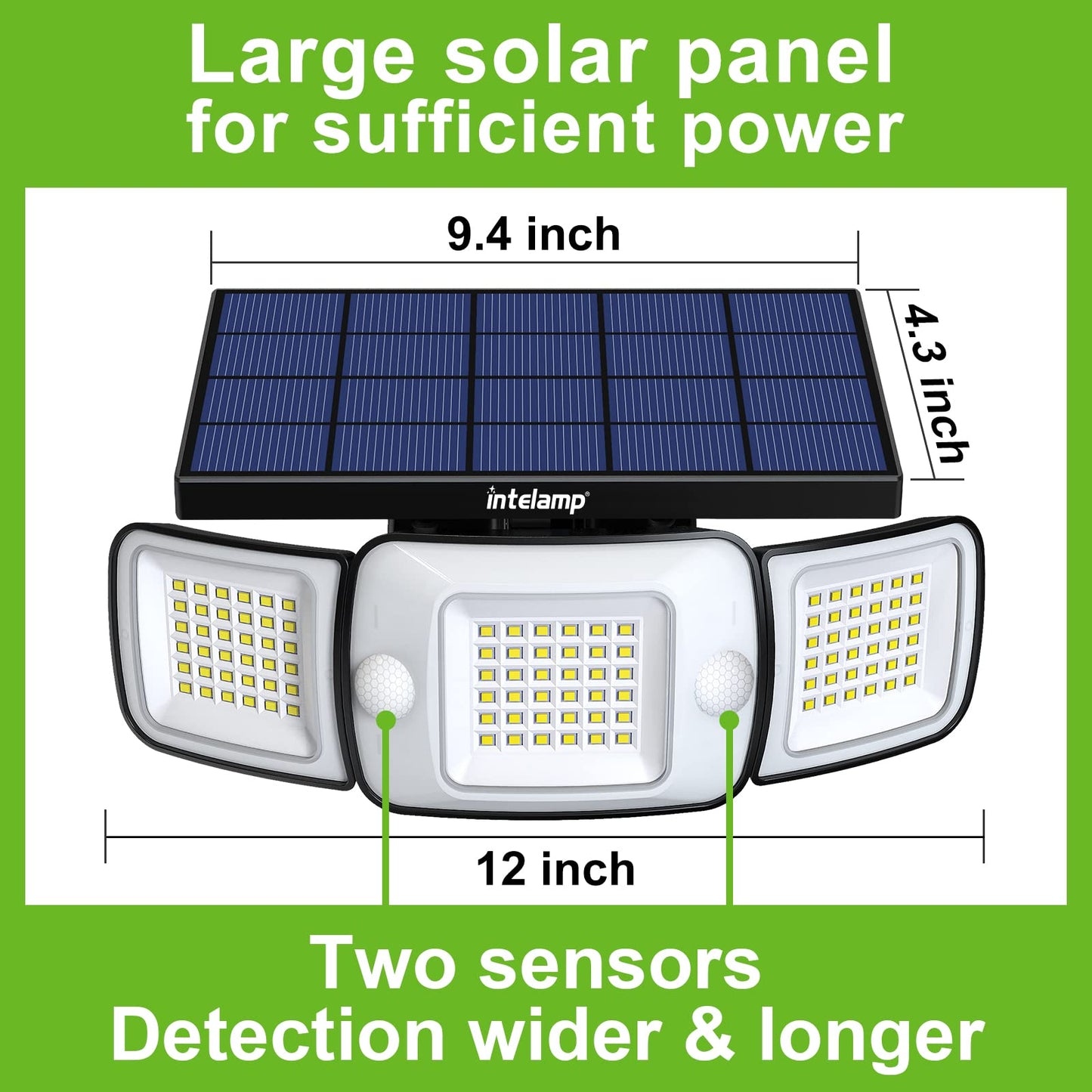 Intelamp Solar Motion Sensor Lights Outdoor, 3-Head LED Security Flood Light, 6000mAh 1200LM Dual PIR, IP65 Waterproof, Adjustable Solar Wall Light for Garage Yard Driveway Patio