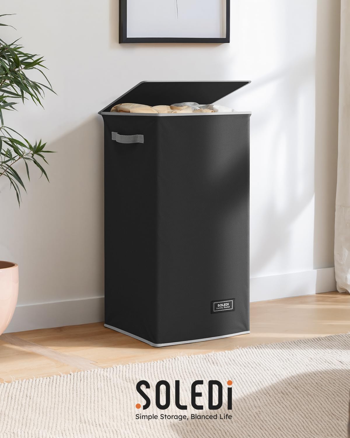 SOLEDI Laundry Basket with Lid 100L Large Laundry Hamper Collapsible Laundry Baskets Tall Clothes Baskets Folding Washing Bin Foldable Hamper Bags for Bedroom, Closet, Bathroom, College - Black