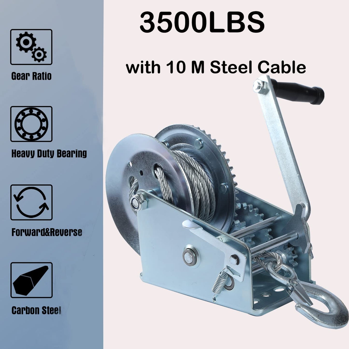 Hand Winch Heavy Duty 3500lbs with Steel Cable and Ratchet Handle Hook 2 Gear Manual Crank Towing Winch for ATV Boat Trailer Truck Auto Silver (3500)