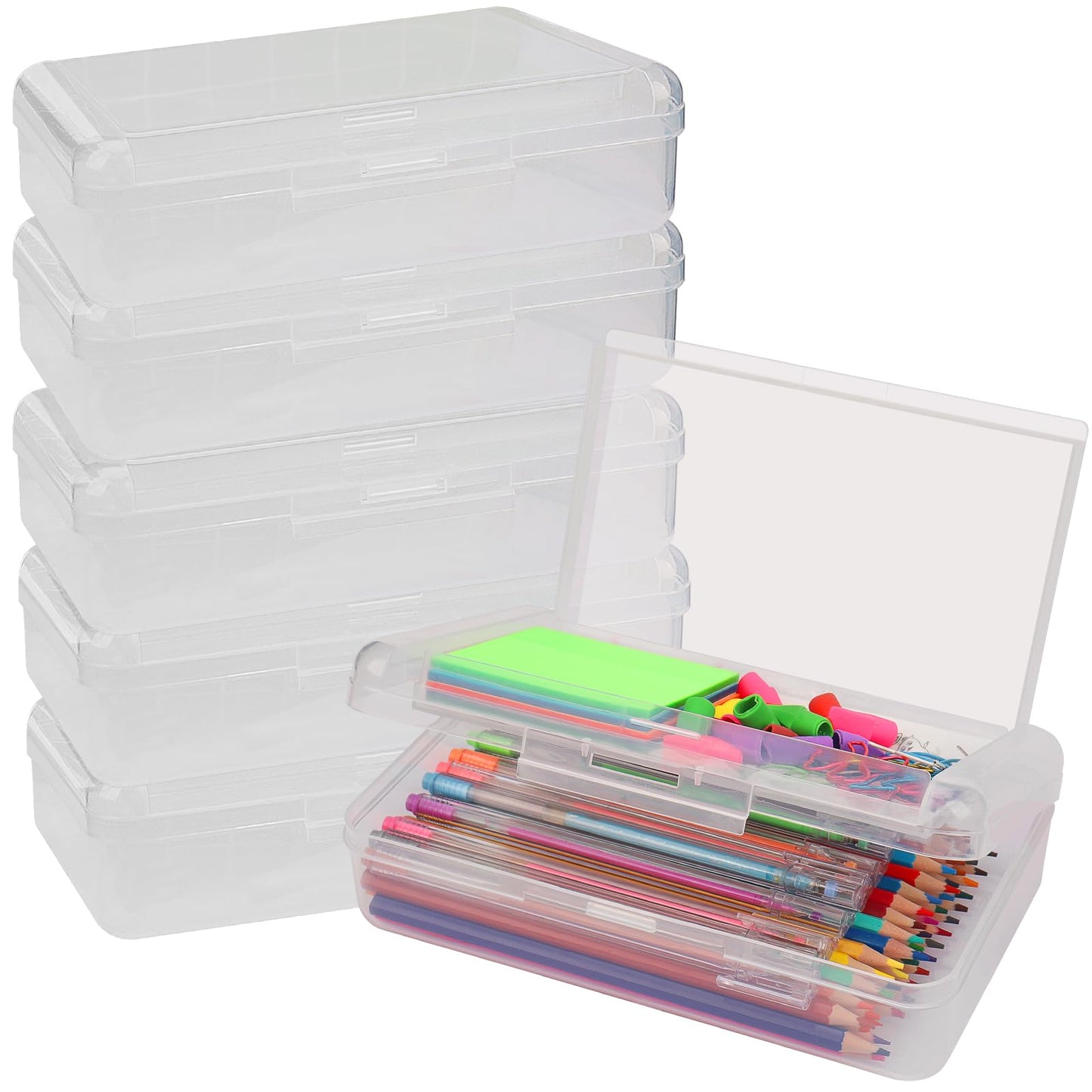 6 PCS Pencil Box,Large Capacity Double Layer Pencil Box,Hard Pencil Case with Snap-Tight Lid, Plastic Pencil Boxes for Office School Supplies,Storage Organizer Pen Boxes for Gel Pens-Transparent