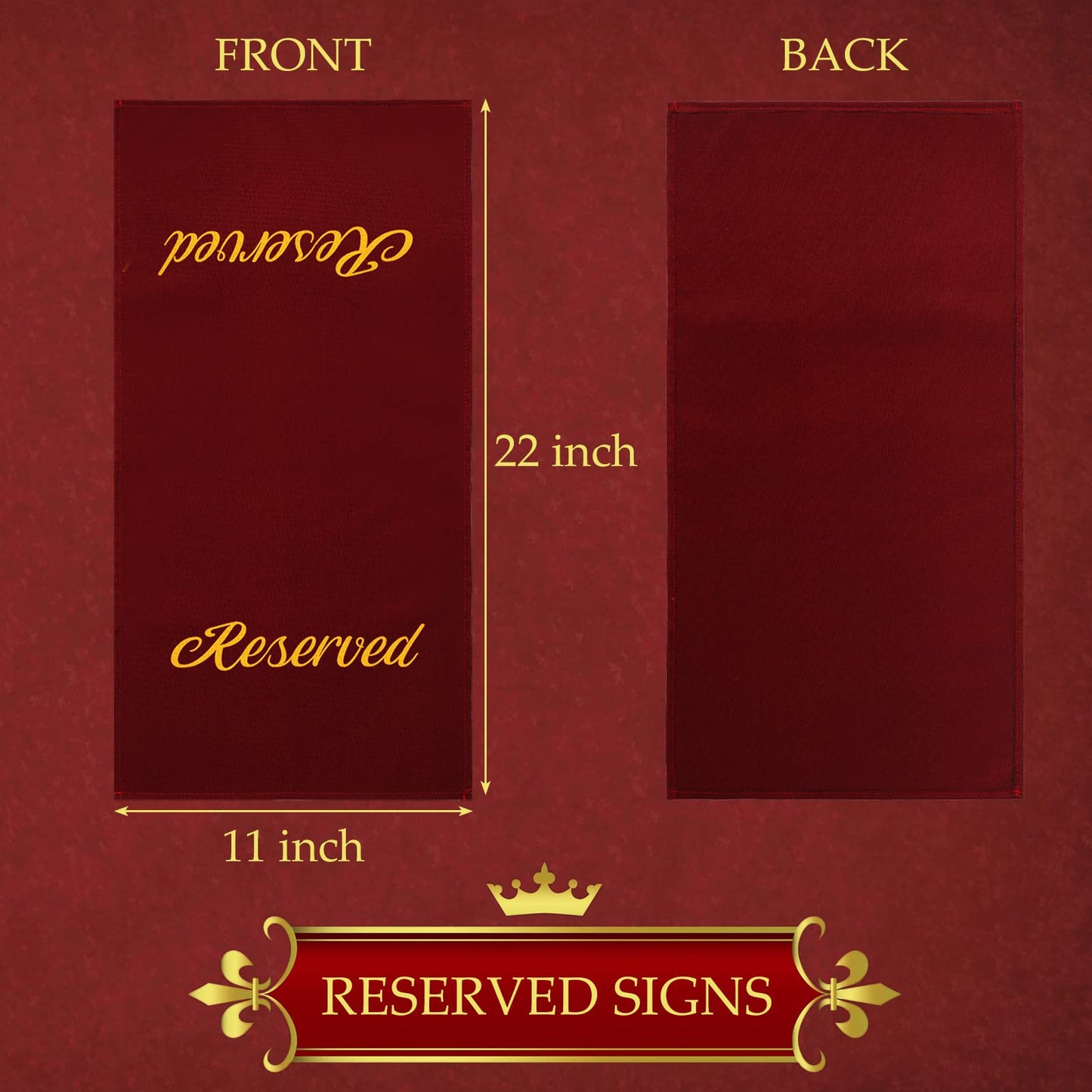 Tatuo 12 Pieces Reserved Seating Signs - 22 Inch Cloth Placeholders for Church Pews, Restaurant, Wedding, Meeting and Event Parties (Burgundy and Gold)