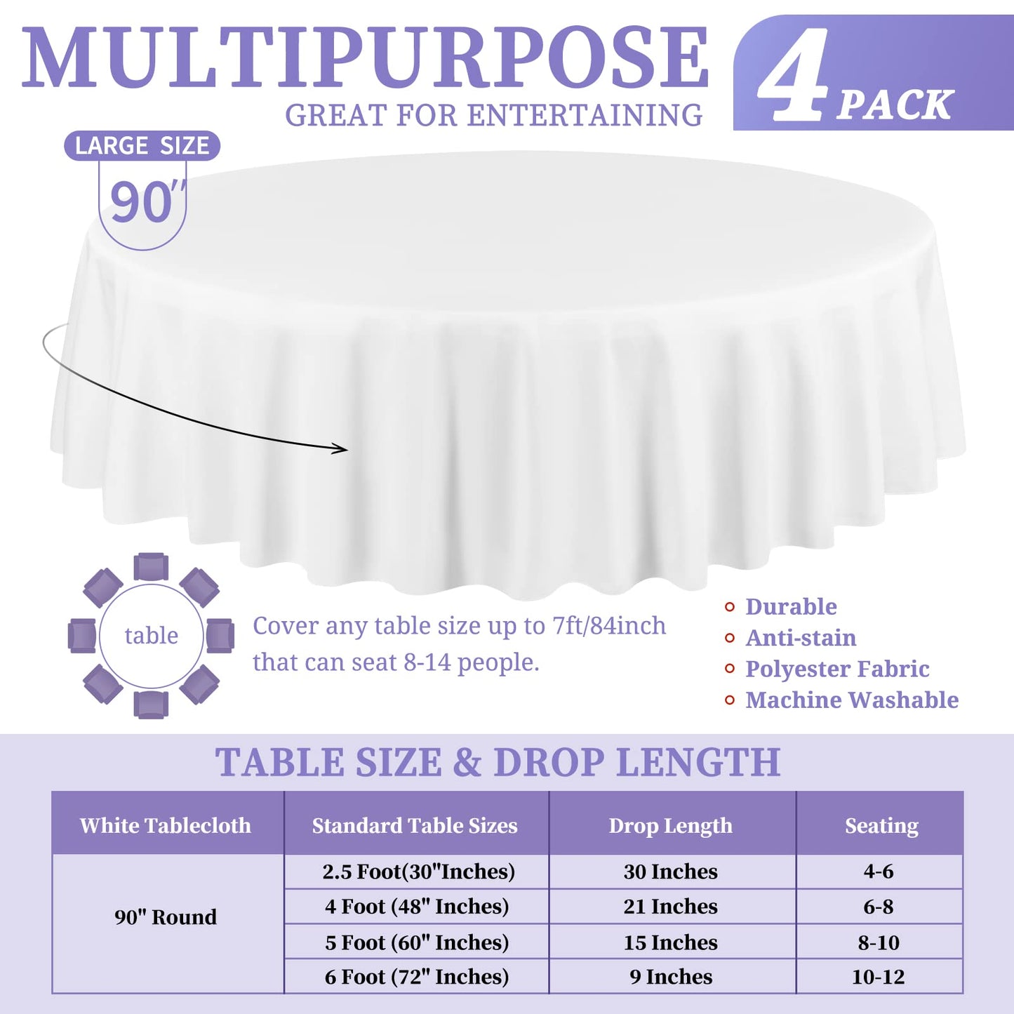 4 Pack White Round Tablecloth 90 Inch Washable Polyester Tablecloths for Round Tables Stain Resistant and Wrinkle Table Cloth Decorative Fabric Table Cover for Dining Wedding Party Banquet Buffet