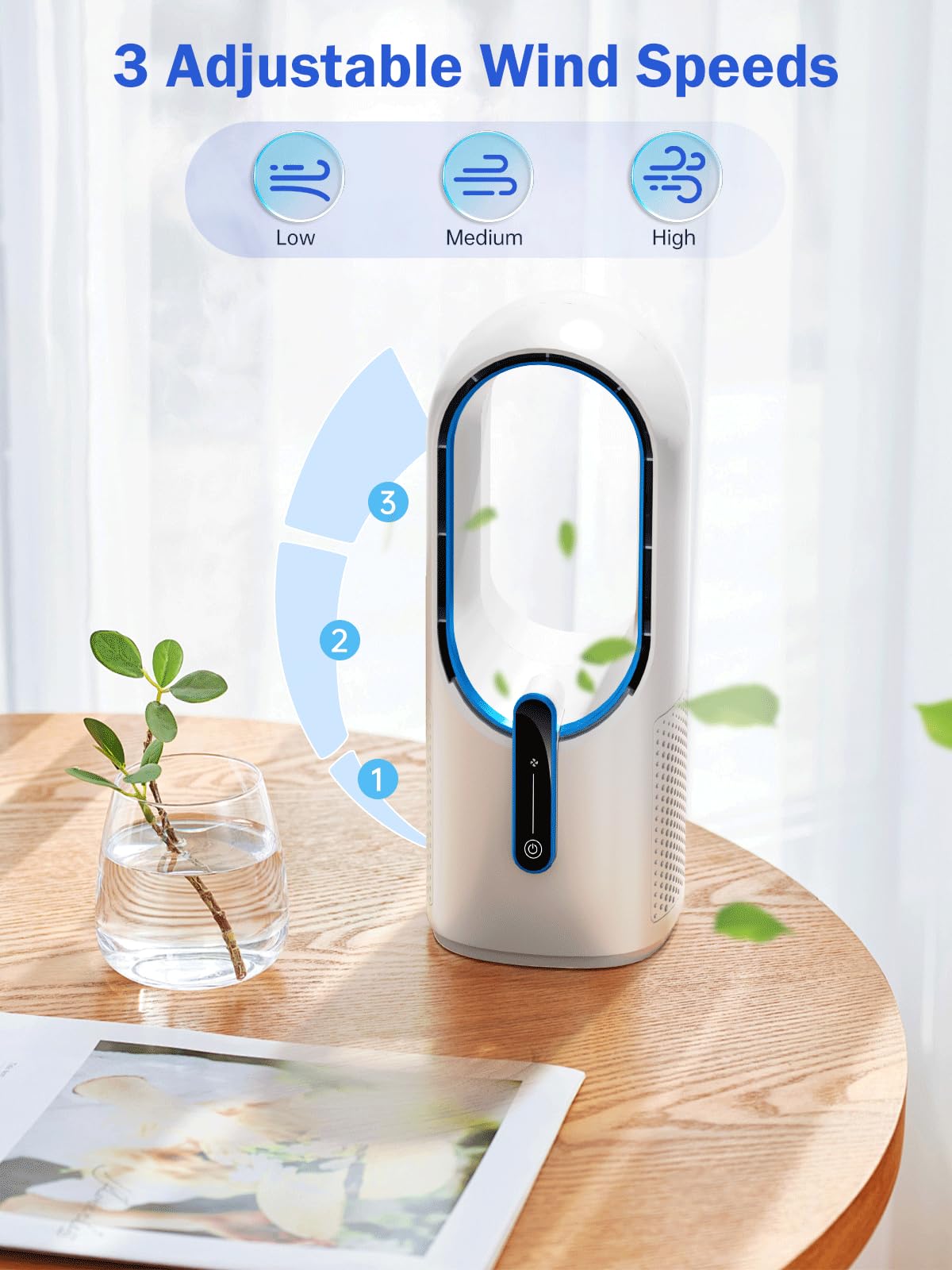 Misby Desk Fan, 11.8 Inch Portable Bladeless Fan, Small Quiet Rechargeable Fan with Battery, 3 Speeds, Touch Control, Easy to Clean, Personal Table Fan for Bedroom,Home,Office (White)