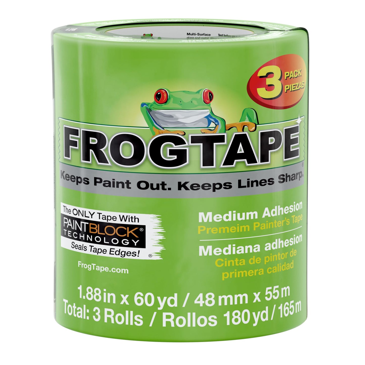 FrogTape Multi-Surface Painters Tape with PAINTBLOCK, 2 Inch Wide (1.88 in. x 60 Yds), Medium Adhesion, Green, 3 Rolls (240661)