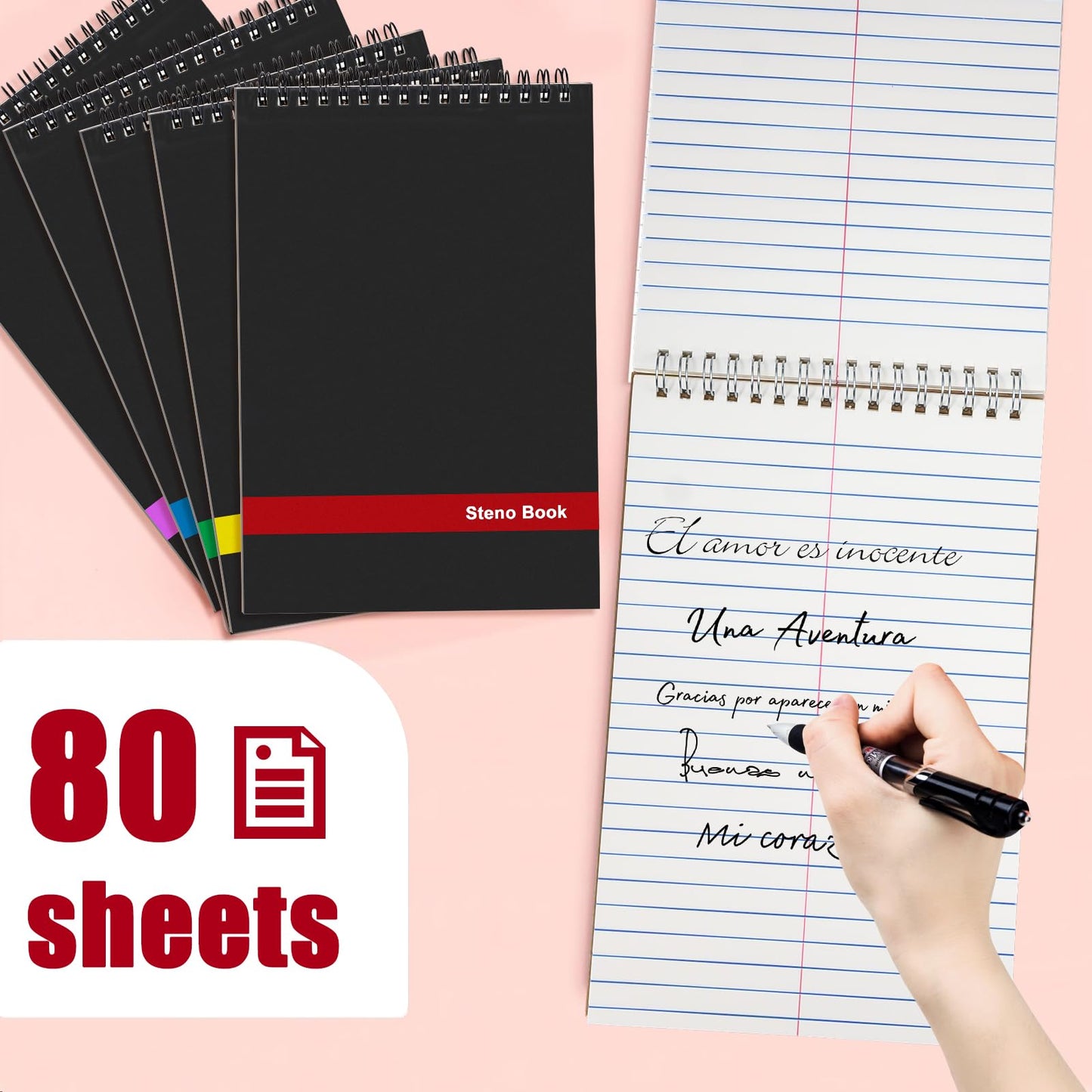 10 Pack Top Spiral Notebooks, 6" x 9" Mini Spiral Steno Pads White Paper Gregg Rule, 80 Sheets Steno Notebooks with Black Covers for School, University, College, Office, Home