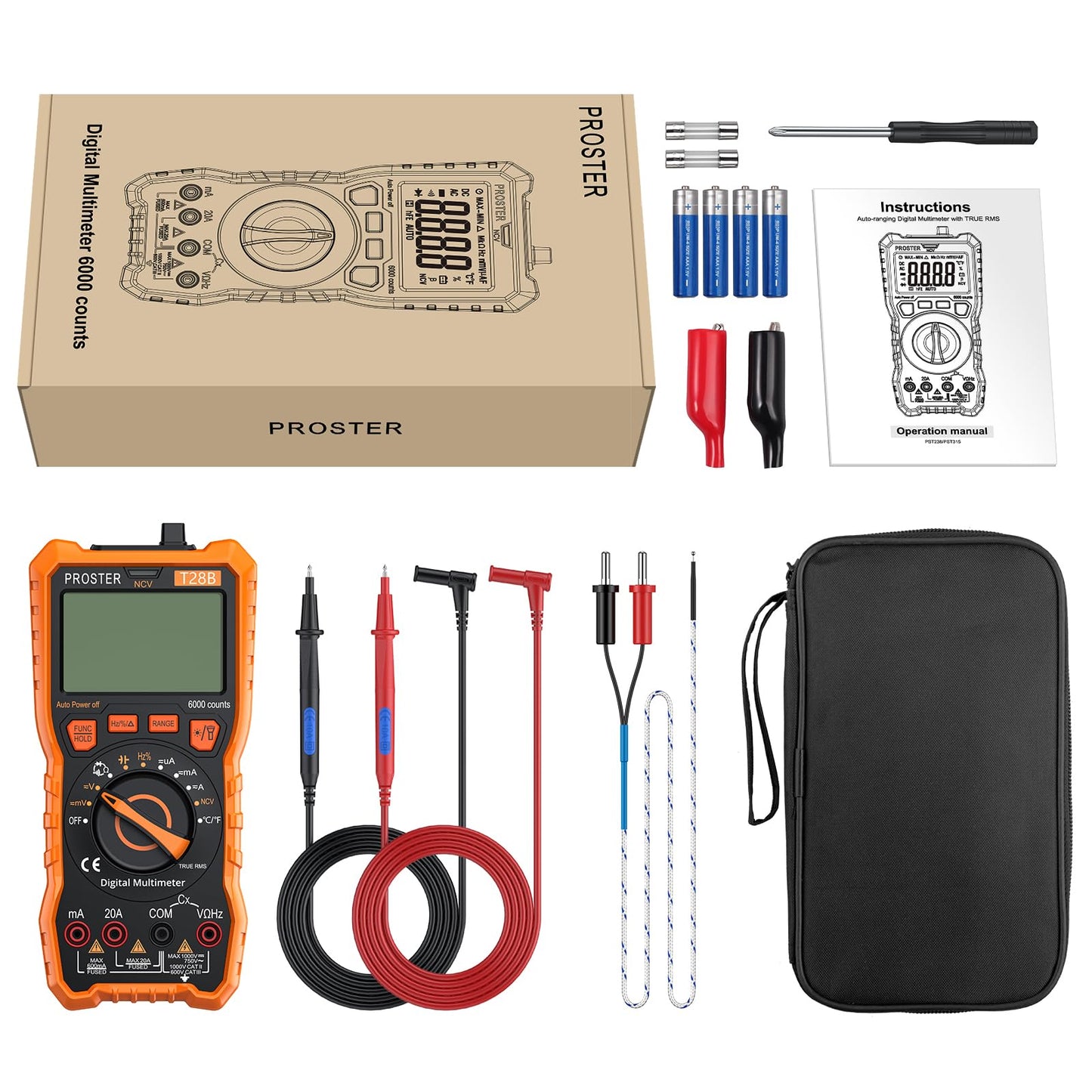 Proster Digital Multimeter 6000 Counts TRMS Auto Range NCV Detector DC AC Voltage Current Meter Temperature Capacitance Resistance Diode Continuity Tester