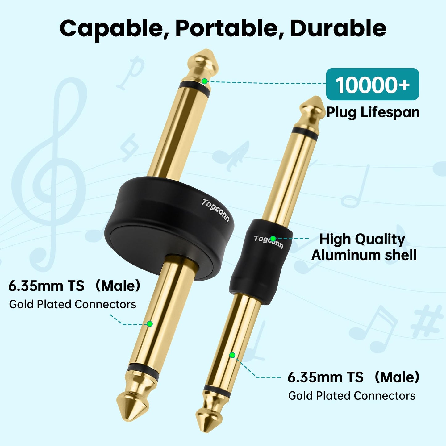 Togconn Gold-Plated Guitar Pedal Effects Patch Connector Coupler 10 Pack，6.35mm to 6.35mm Adapter, Angle 1/4 Quarter Inch TS Mono Male to Male Jack Plug, Audio Converter Premium Quality Series