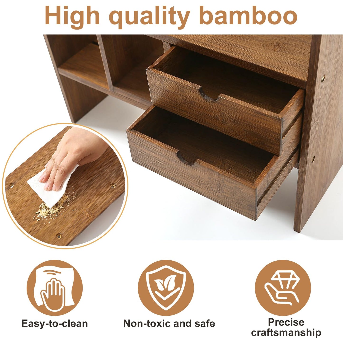 Sunhoo Desktop Bookshelf Organizer Adjustalbe Desk Shelf with Drawers Bedroom Bamboo Shelves Expandable Countertop Bookcase Standing Shelf for Office Supplies Seasoning Plants Books