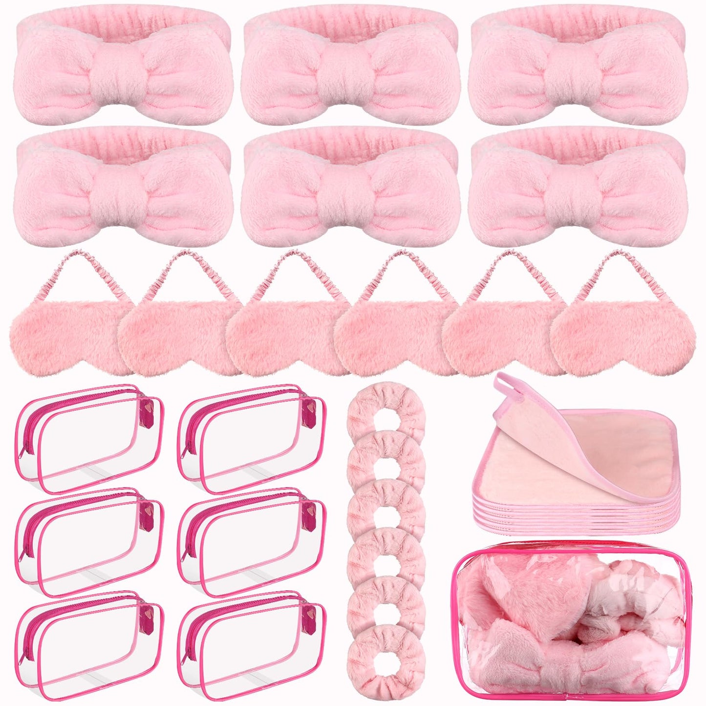 30 Pcs Spa Sleepover Party Supplies 6 Bow Makeup Headband 6 Plush Sleep Eye Mask 6 Velvet Scrunchies 6 Makeup Remover Cloth 6 Clear Cosmetic Bags for Women Slumber Party Favors, Pink, Cute