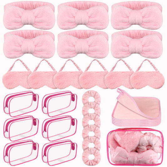 30 Pcs Spa Sleepover Party Supplies 6 Bow Makeup Headband 6 Plush Sleep Eye Mask 6 Velvet Scrunchies 6 Makeup Remover Cloth 6 Clear Cosmetic Bags for Women Slumber Party Favors, Pink, Cute