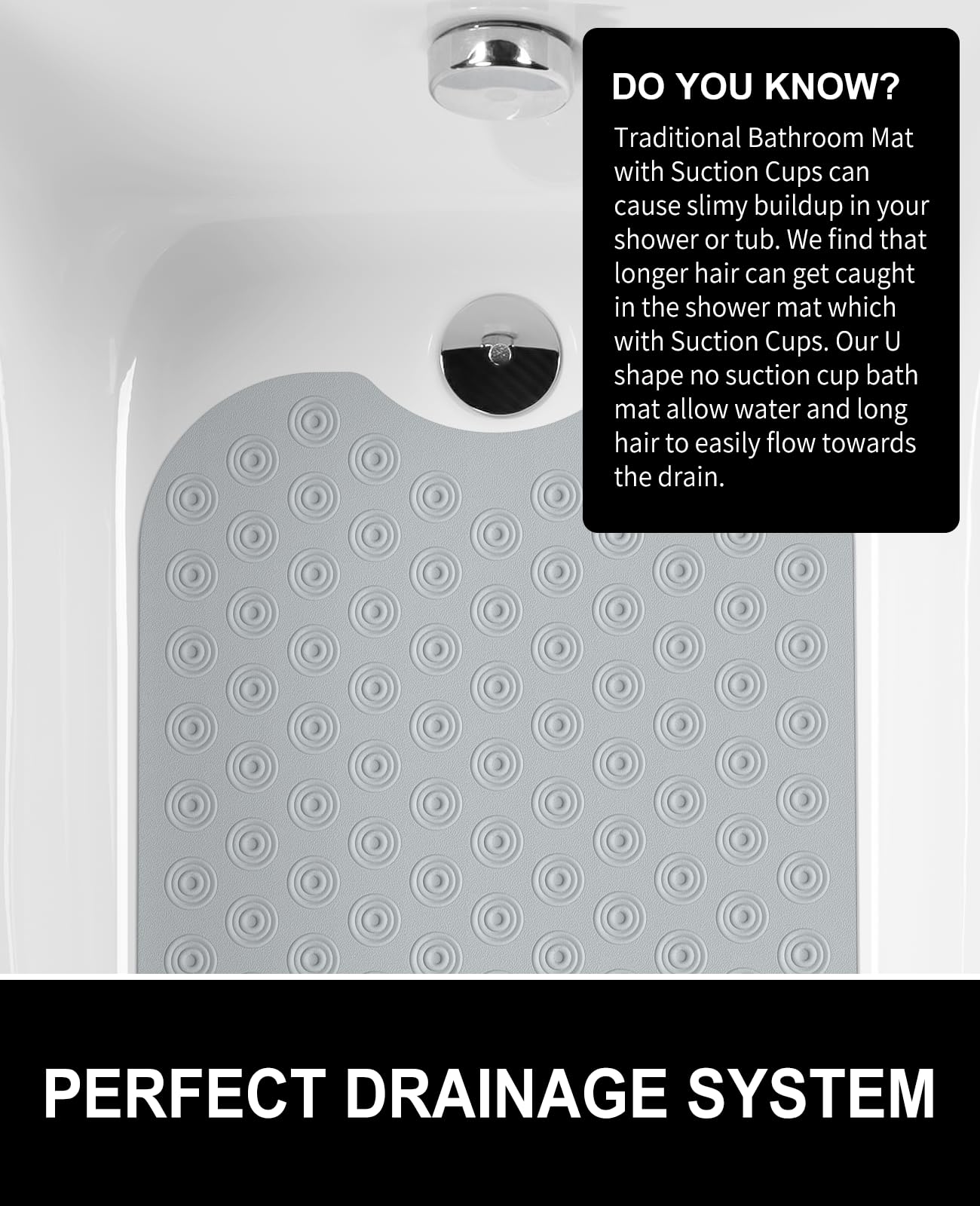 OTHWAY No Suction Cup Bath Mat: 39x16inch Extra Long Bathmat│Perfect for Refinished Bathtub Mat│Made of Nature Rubber│a Blessing for The Elderly and Children (Grey)