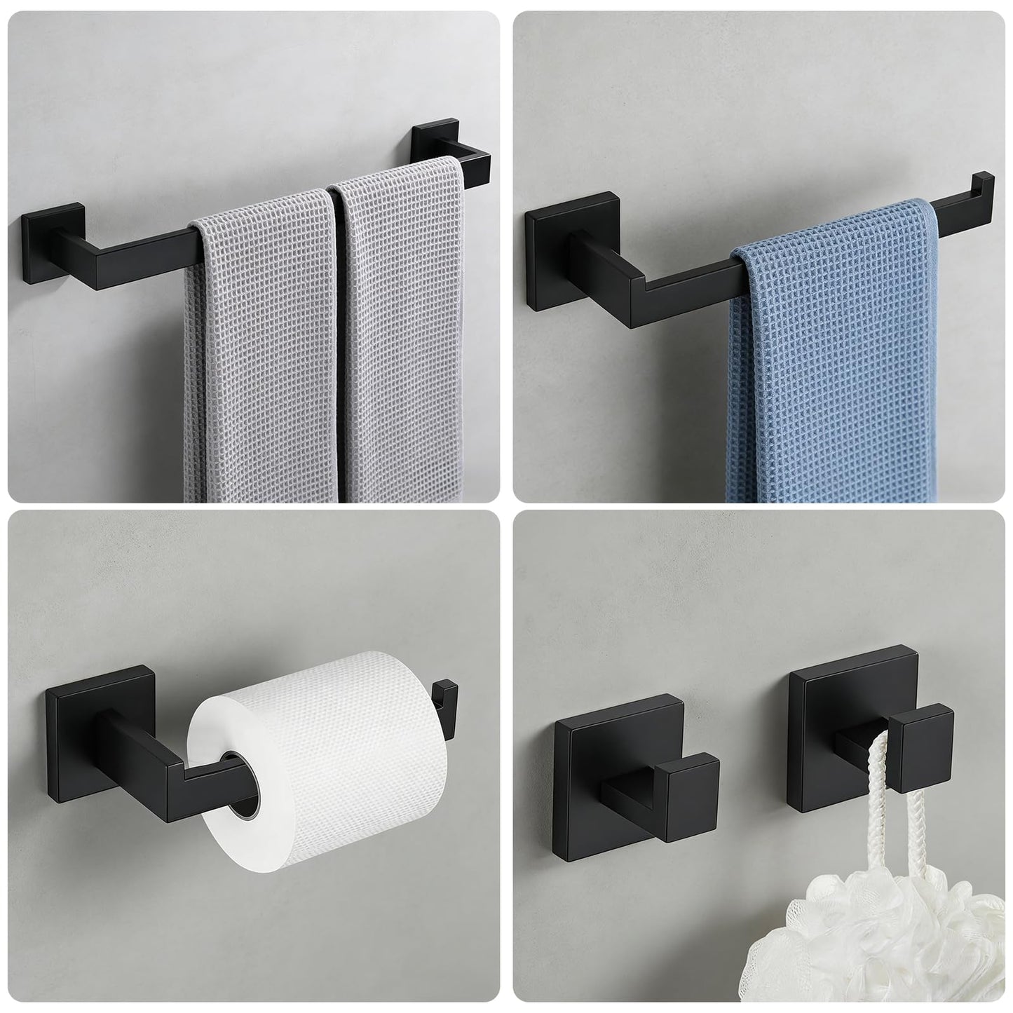 5-Piece Black Bathroom Hardware Accessories Set - 60cm/24inch Towel Bar, Toilet Paper Holder, 27cm Hand Towel Holder, 2 Wall Hooks, SUS304 Stainless Steel Bath Towel Bars Set, Screw-in Towel Racks Set