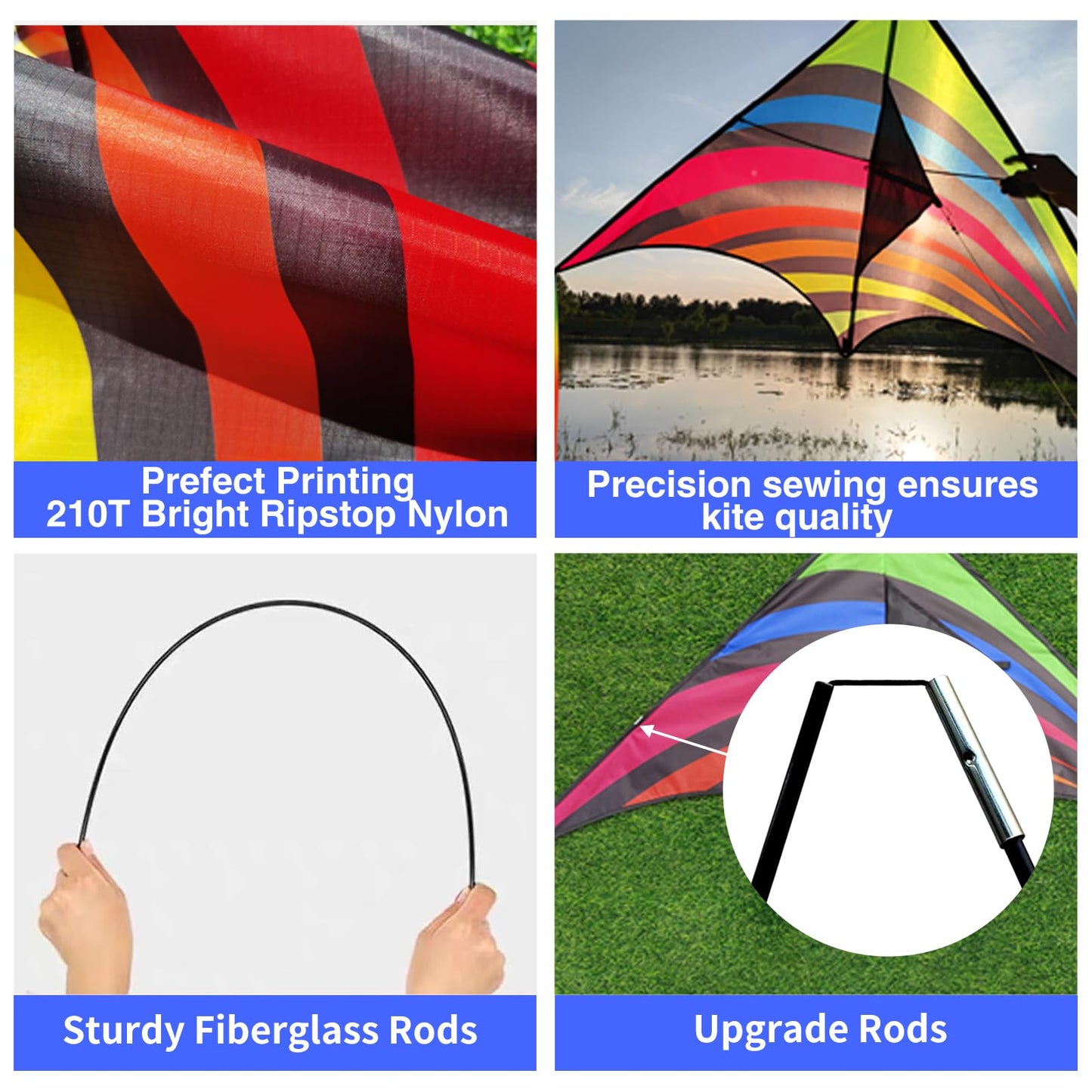 3 Pack Delta Kites Set for Kids & Adults, Easy to Fly Large Beach Kites Pack for Boys and Girls, 300ft Kite String Included, Perfect for Outdoor Activities (Green, Blue & Rainbow)