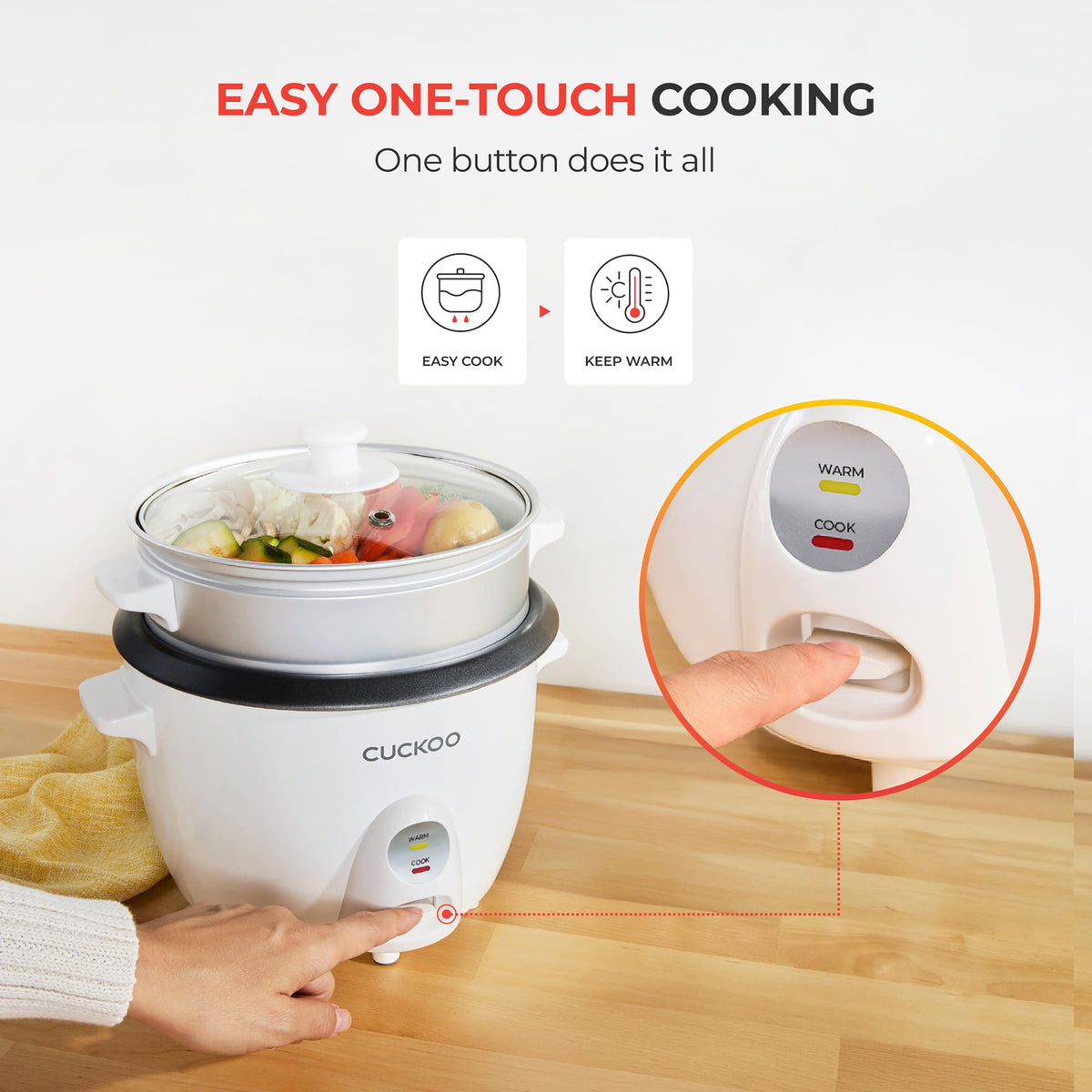 CUCKOO One Touch Rice Cooker 6-Cup (Uncooked) / 12-Cup (Cooked), Small Rice Cooker & Warmer with Steamer Tray, Versatile Grain Cooker, Soup Maker, Auto Keep Warm, White (CR-0601C)