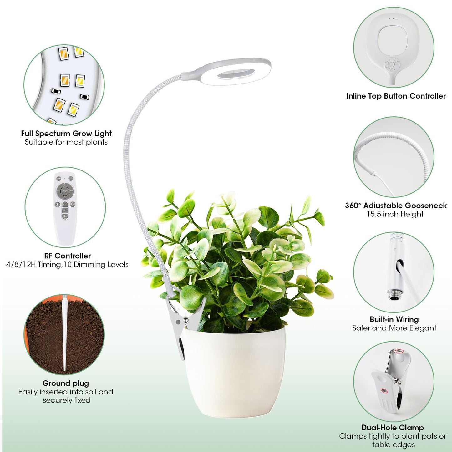 Grow Lights for Indoor Plants, Clip-on LED Full Spectrum Plant Lights for Indoor Growing with Romote Auto On/Off Timing 4/8/12Hrs,10 Dimmable Levels,3 Spectrum Modes & Adjustable Gooseneck - 2 Pack