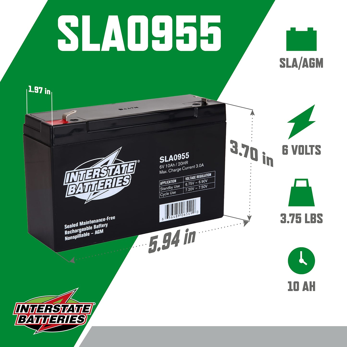 Interstate Batteries 6V 10AH SLA/AGM battery - .187 Faston spade terminal (SLA0955)