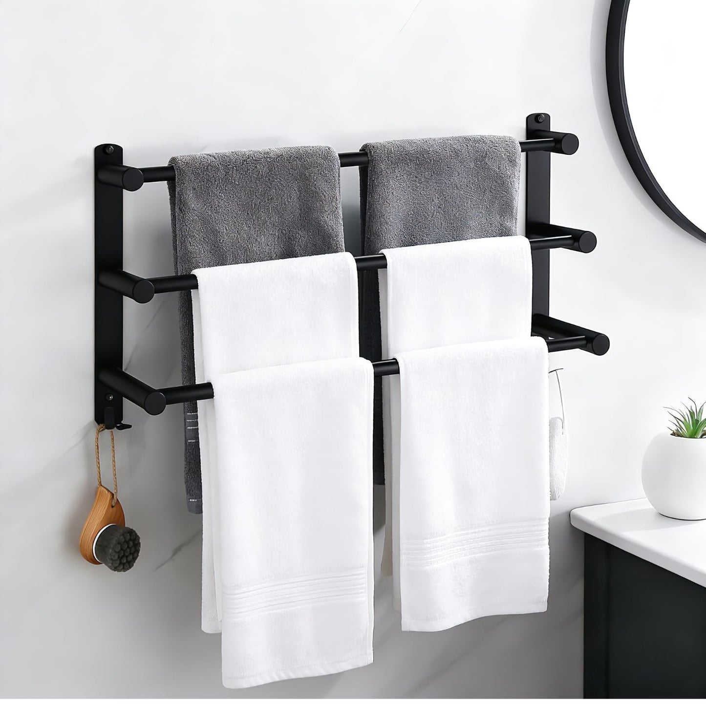 SUS304 Three Bar Adjustable Towel Rack, Expandable Range:16.5 Inches to 29.9 Inches, Bathroom Towel Holder with Double Hooks,Two Installation Methods:Drillinstallation and No-drill Installation(Black)