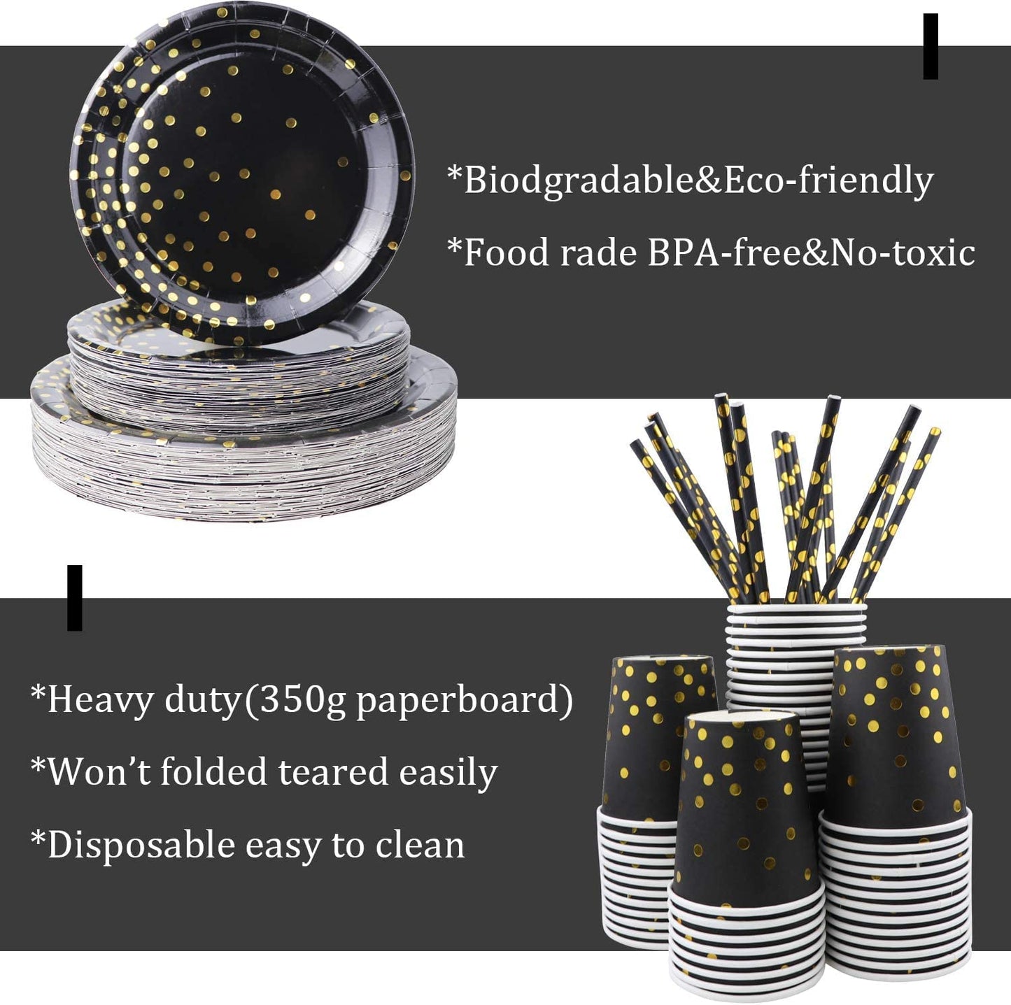 310PCS Party Supplies - Disposable Paper Plates Dinnerware Set Rose Gold Dots 50 Dinner Plates 50 Dessert Plates 50 Cups 50 Napkins 50 Straws 60 Balloons Birthday Party Wedding Holiday (Black and Gold)
