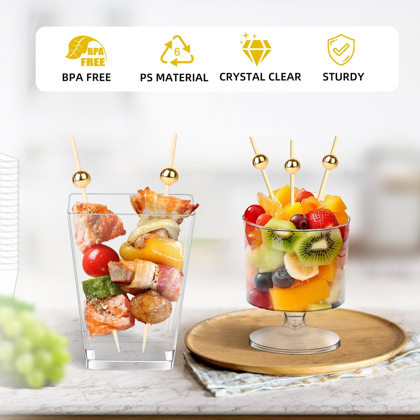 mwellewm 100Pcs Dessert Cups with Spoons&Cocktail Picks 5 Oz Mini Clear Plastic Parfait Shooter Cup Round Small Round Serving Goblet Disposable Appetizer Fruit Desert Bowl for Party Charcuterie