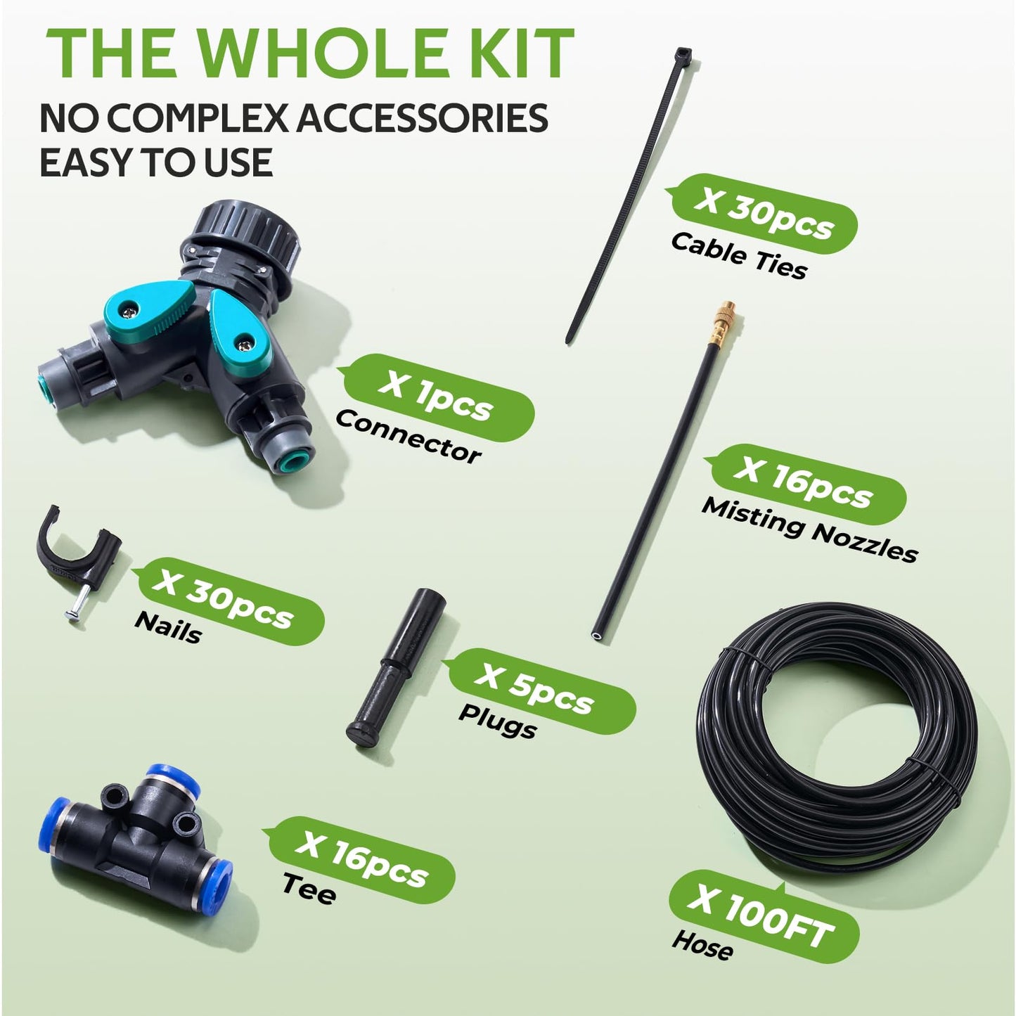 HIRALIY 360° Adjustable Drip Irrigation System 100FT, 1/4" Tubing with 16 Adjustable Copper Nozzles, Automatic Atomizing Watering Kit for Garden, Yard, Lawn, Greenhouse & Potted Plants
