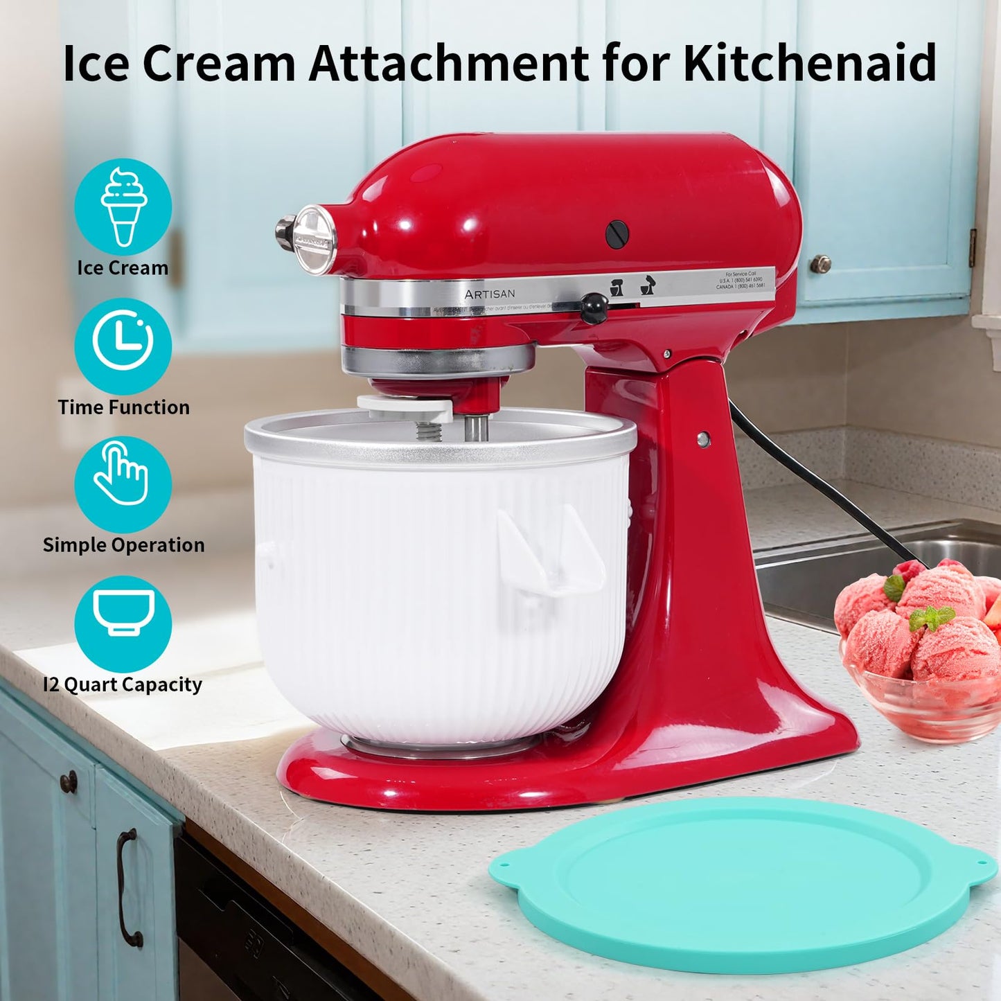 Ice Cream Attachment for Kitchenaid Stand Mixer, Ice Cream Bowl Compatible with Kitchenaid 4.5-5Qt Stand Mixer and 5-6-7Qt Bowl-Lift (with lid)