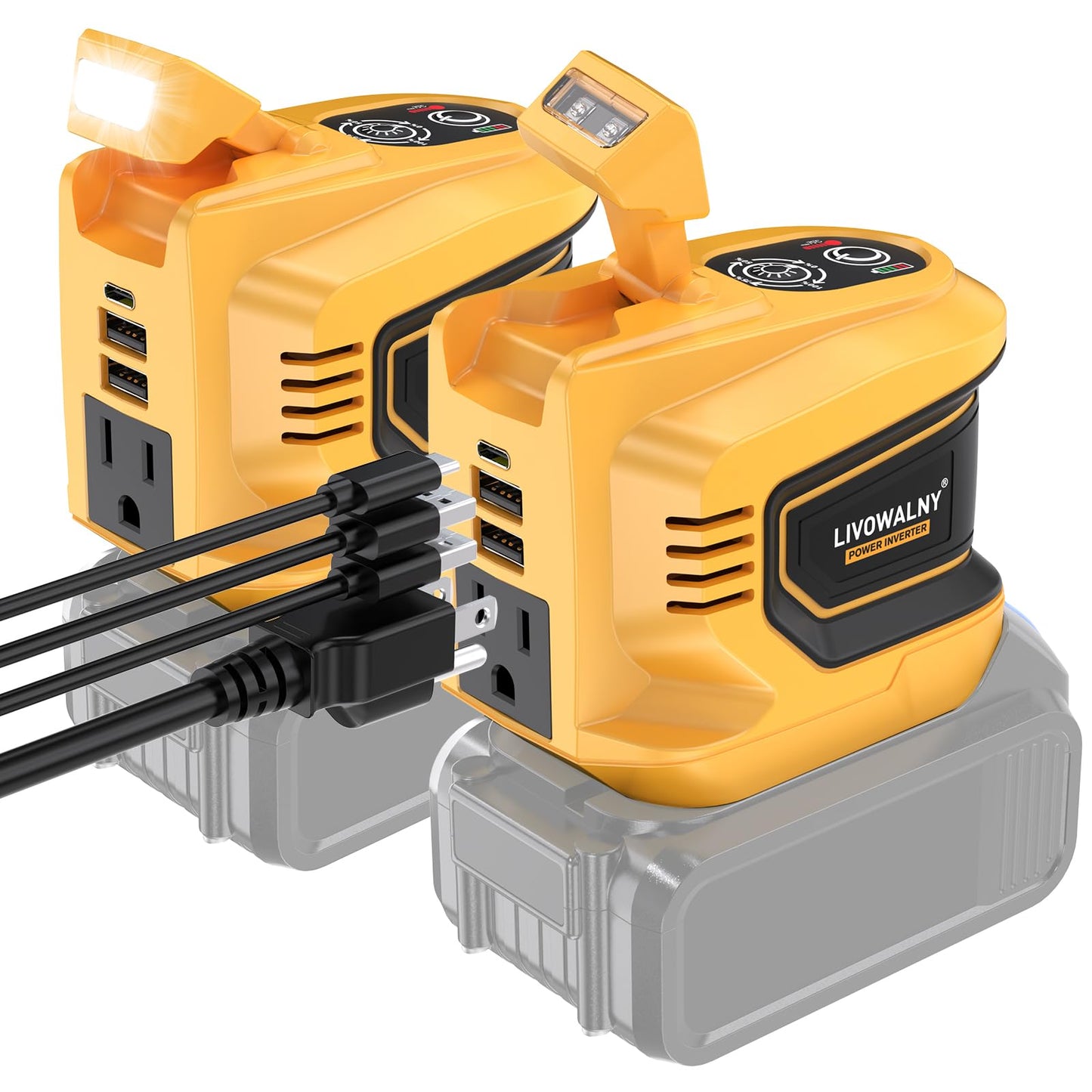 LIVOWALNY 2 Packs Power Inverter Compatible with Dewalt 20V Battery, 200W Inverter 20V to 110V-120V, Portable Adapter Charger Adapter Power Supply with 2 USB & 1 Type-C & 1 AC(No Battery)