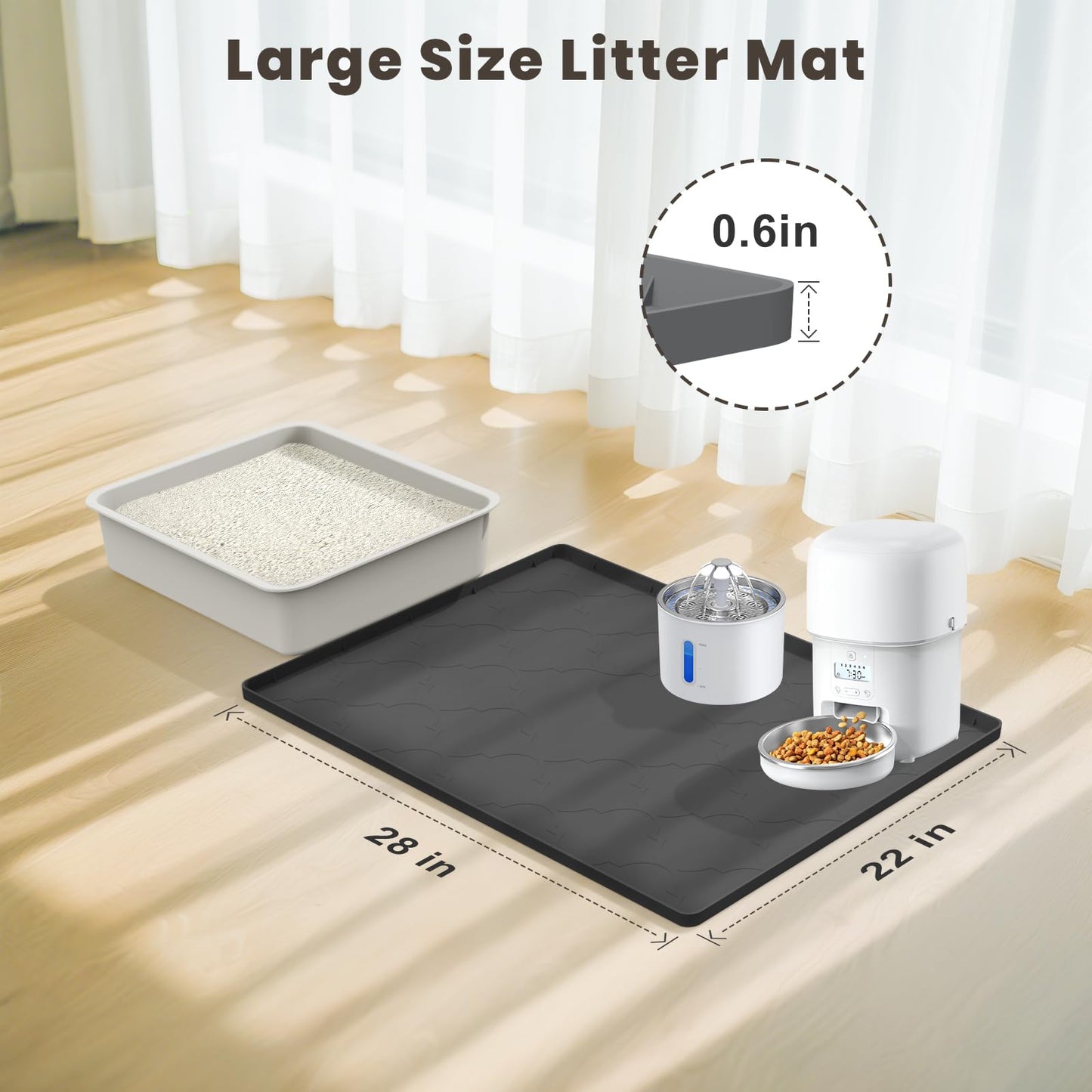 Kixcvdm Cat Litter Mat, 28" X 22" Silicone Litter Box Mat, Cat Litter Trapping Mat for Indoor Use, Easy Clean for Scatter Control, Soft on Kitty Paws, Waterproof & Urine Proof, Black