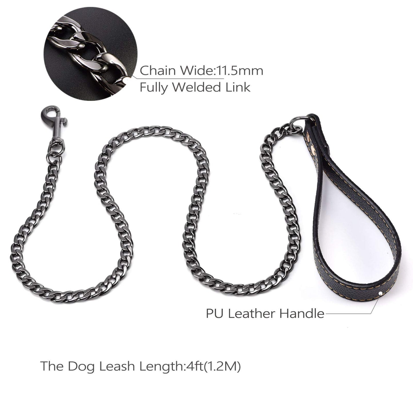 Fully Welded Black Steel Dog Leash with Leather Handle,Metal Dog Leash,4FT,316L Stainess Steel Strong Dog Pet Chain for Large Medium Small Dogs (4FT, Black)