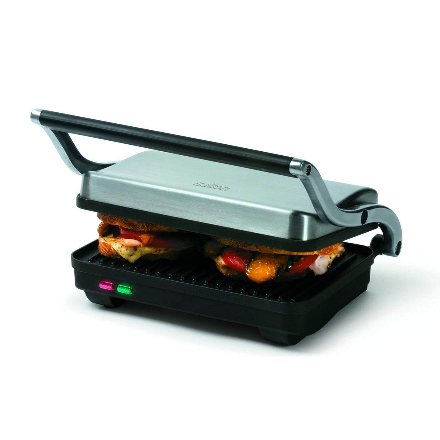 Salton Stainless Steel Electric Grill & Panini Press with Floating Hinged Lid for any Sandwich Thickness, Indicator Lights & Non-Stick Grill, 7" X 10", 1000W