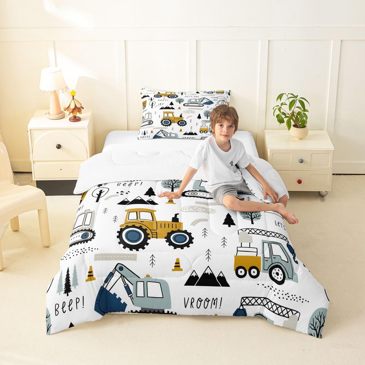 Cartoon Car Kids Comforter Set Construction Bedding Set Decor Equipment Trucks Comforter Cartoon Car Excavator Tractor White Yellow Duvet Set Bedroom Quilt Set 2Pcs Twin