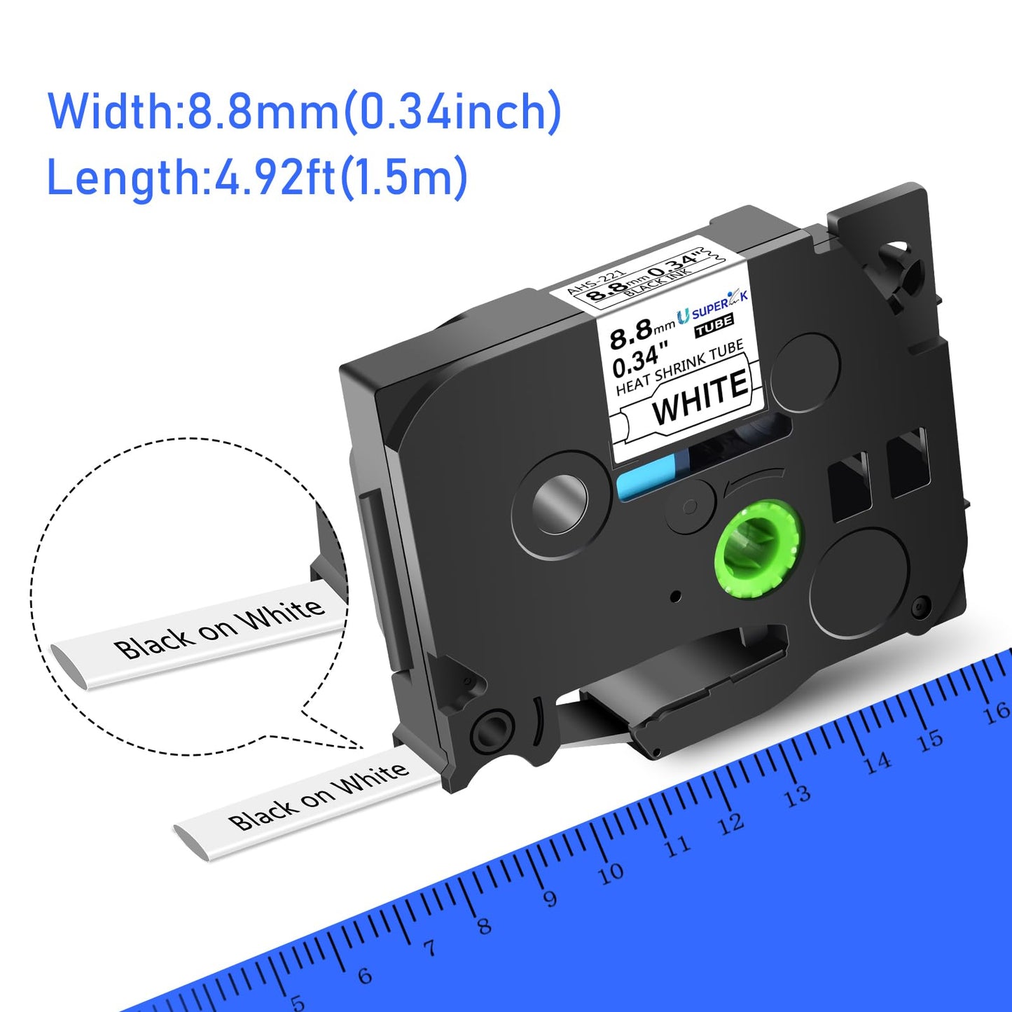 SuperInk 5 Pack Compatible for Brother HSe-221 HSe221 HS-221 HS221 Black on White Heat Shrink Tube Label Tape use in PT-D210 PT-D400 PT-E300 PT-E500 PT-P750WVP Printer (0.34''x 4.92ft, 8.8mm x 1.5m)