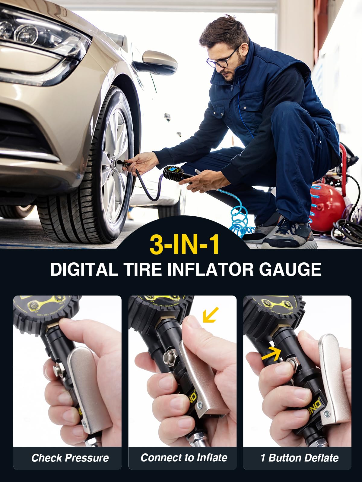 AZUNO Digital Tire Inflator with Pressure Gauge, 200 PSI, Heavy Duty Air Compressor Accessories, w/Rubber Hose Lock on Air Chuck and Quick Connect Coupler (with Case)