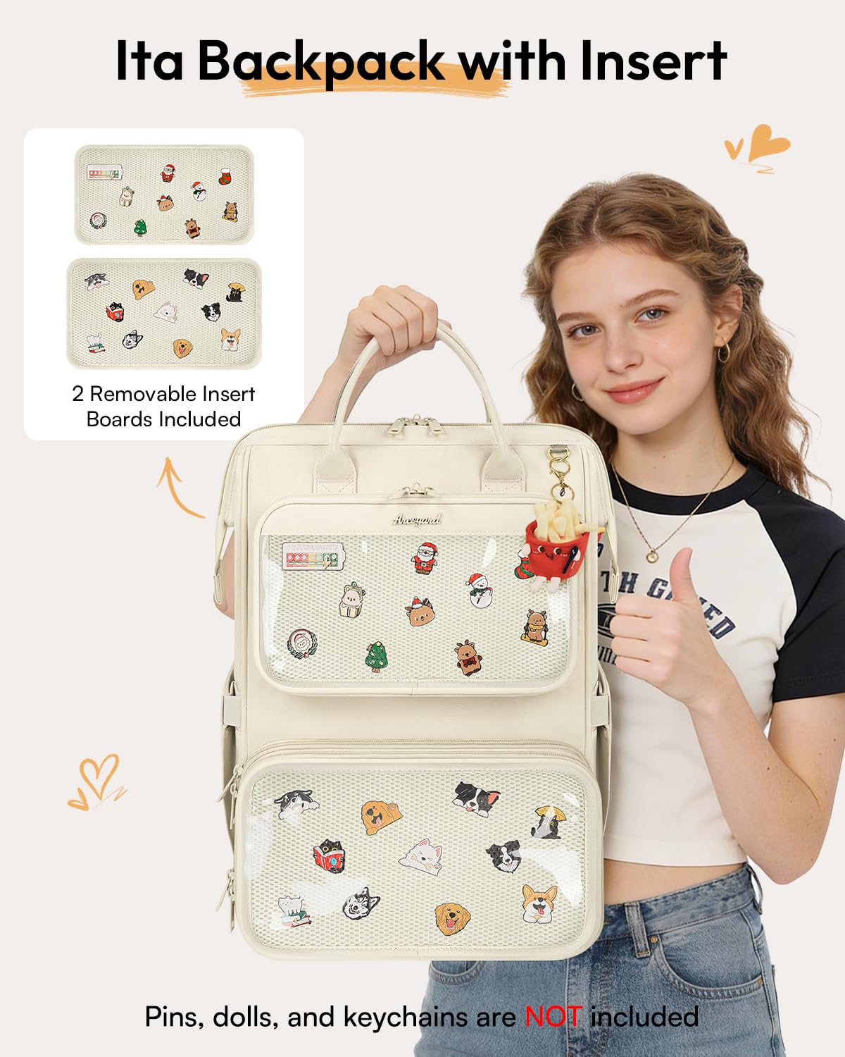 Arcoyard Ita Bag Pin Display Backpack with Insert, Ita Backpack with Lunch Box for Anime Cosplay Concert, 15.6 Inch Lunch Backpack with laptop compartment, Beige